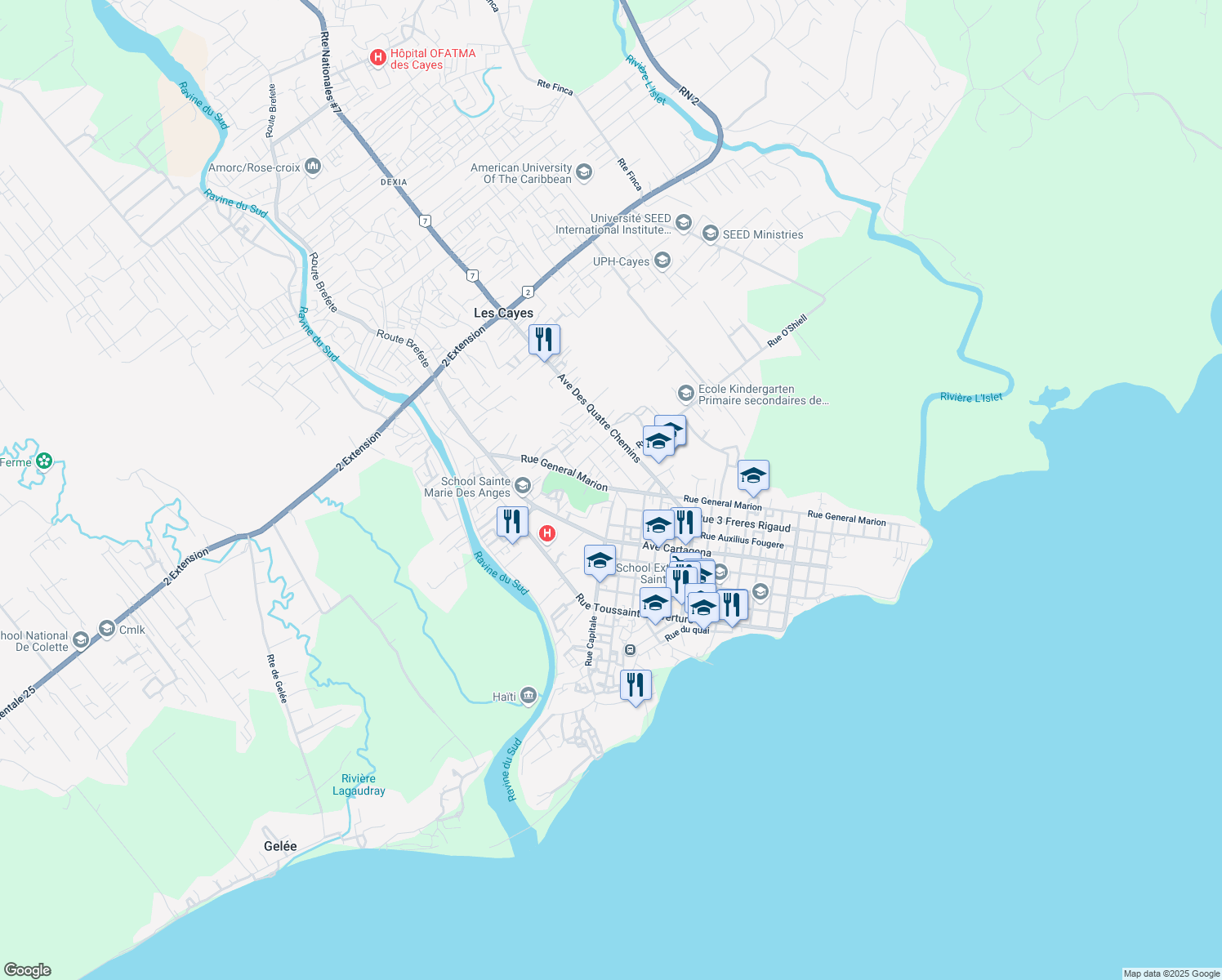 map of restaurants, bars, coffee shops, grocery stores, and more near Rue General Marion in Les Cayes