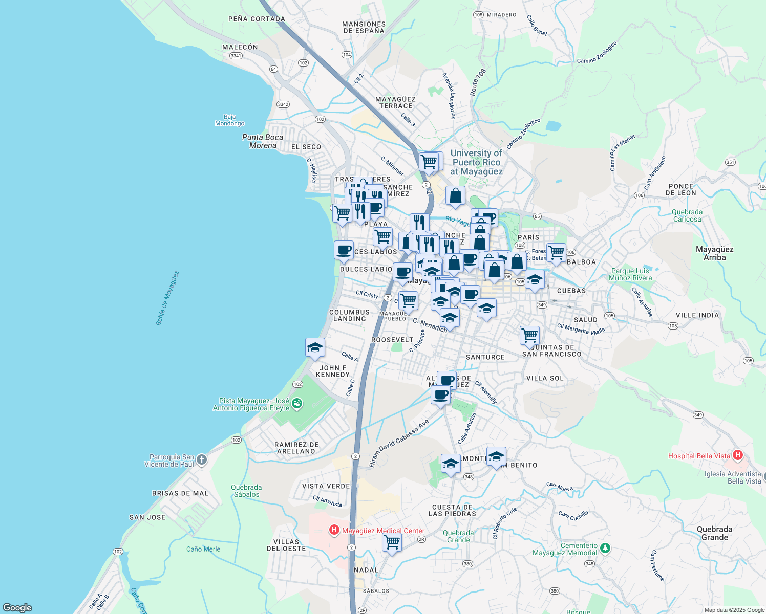map of restaurants, bars, coffee shops, grocery stores, and more near Avenida Eugenio María de Hostos in Mayagüez