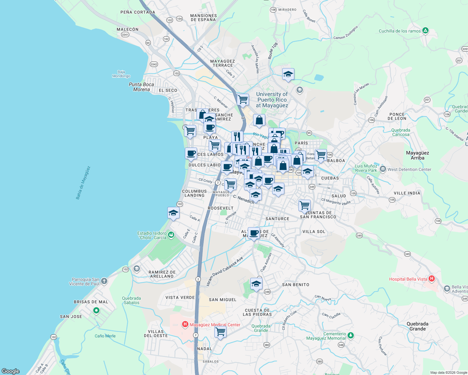 map of restaurants, bars, coffee shops, grocery stores, and more near 99-105 Calle Eduardo Riera in Mayagüez