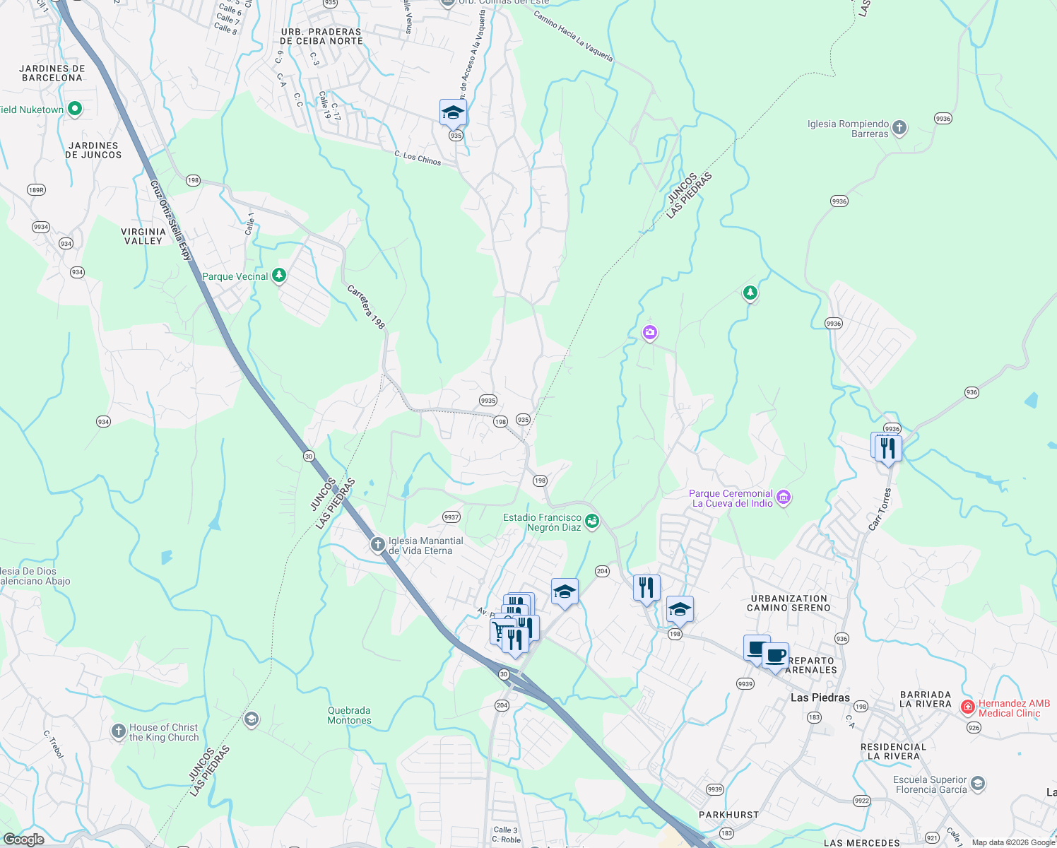 map of restaurants, bars, coffee shops, grocery stores, and more near Bo in Juncos