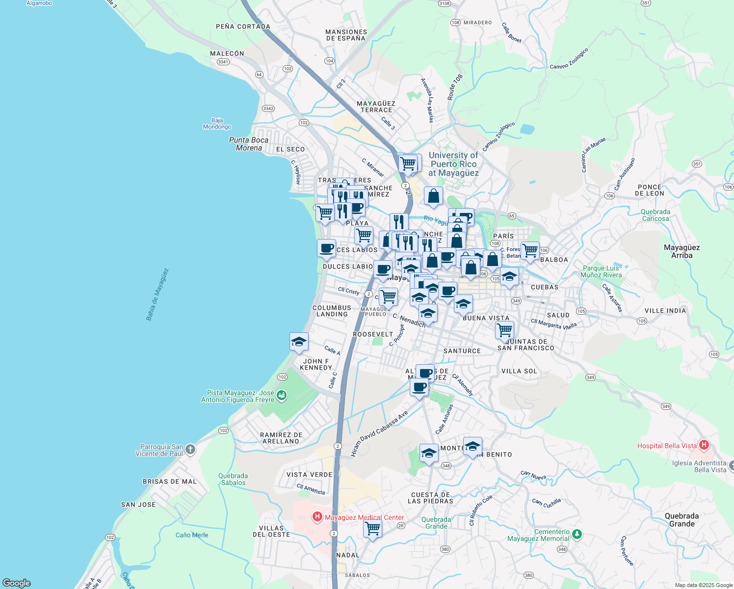 map of restaurants, bars, coffee shops, grocery stores, and more near Avenida Eugenio María de Hostos in Mayagüez