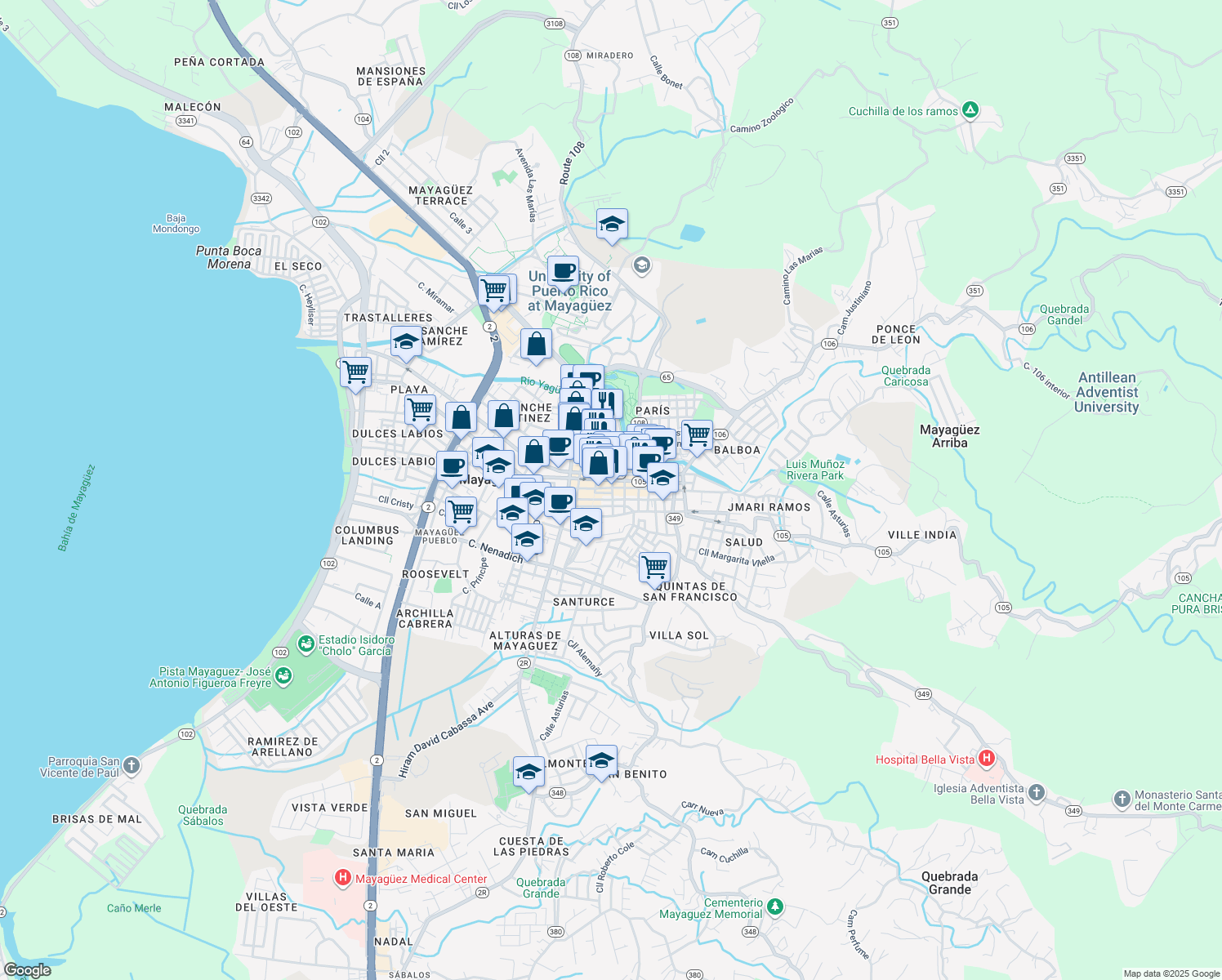 map of restaurants, bars, coffee shops, grocery stores, and more near 62 Calle Ernesto Ramos Antonini in Mayagüez