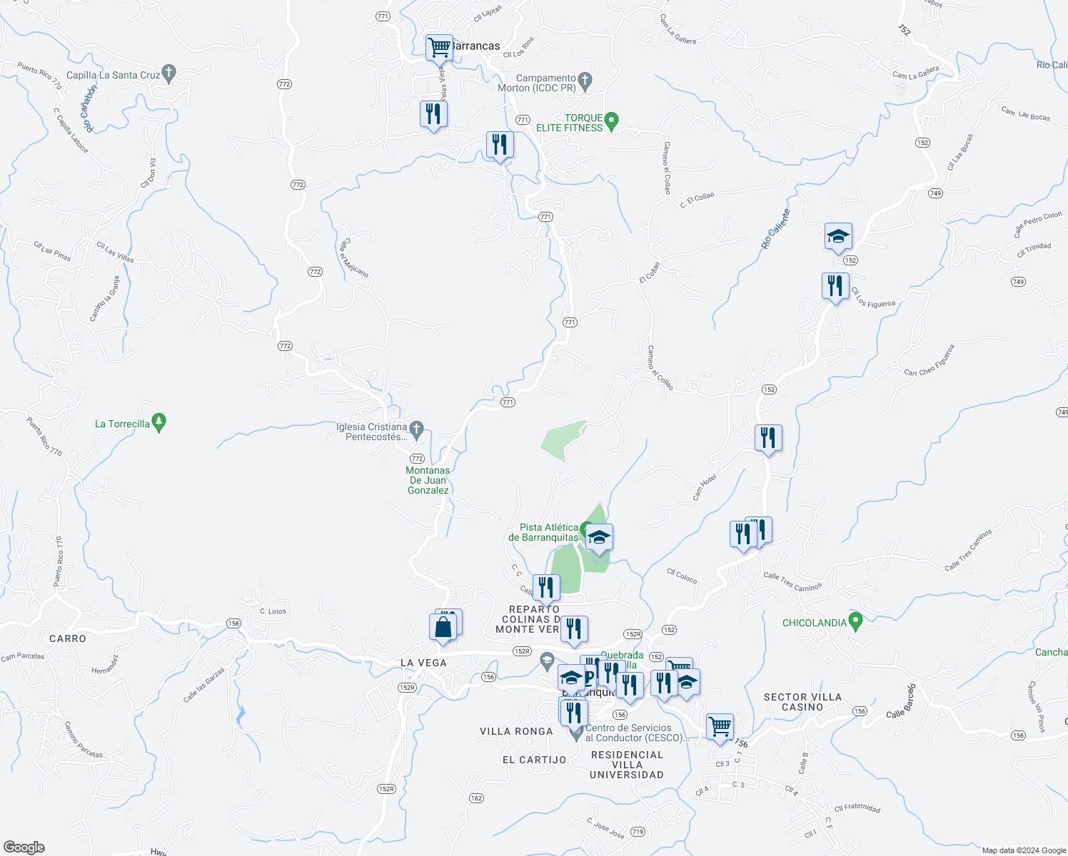 map of restaurants, bars, coffee shops, grocery stores, and more near in Barranquitas