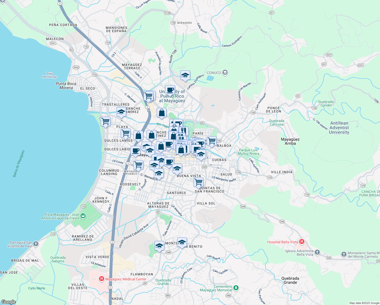 map of restaurants, bars, coffee shops, grocery stores, and more near 106 in Mayagüez