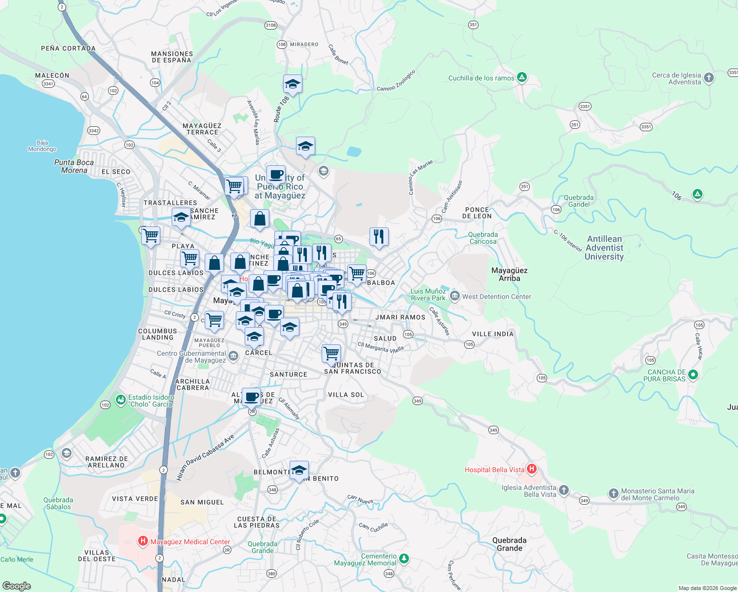 map of restaurants, bars, coffee shops, grocery stores, and more near 226 Calle Ernesto Ramos Antonini in Mayagüez