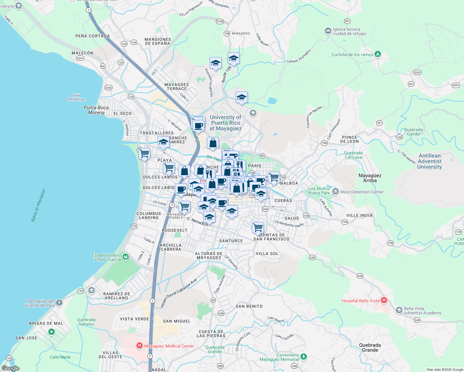 map of restaurants, bars, coffee shops, grocery stores, and more near 14 Calle José de Diego in Mayagüez