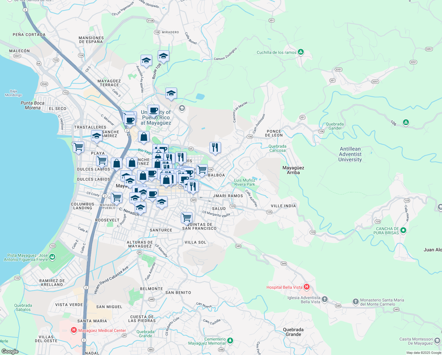 map of restaurants, bars, coffee shops, grocery stores, and more near Calle Mariana Bracetti in Mayagüez