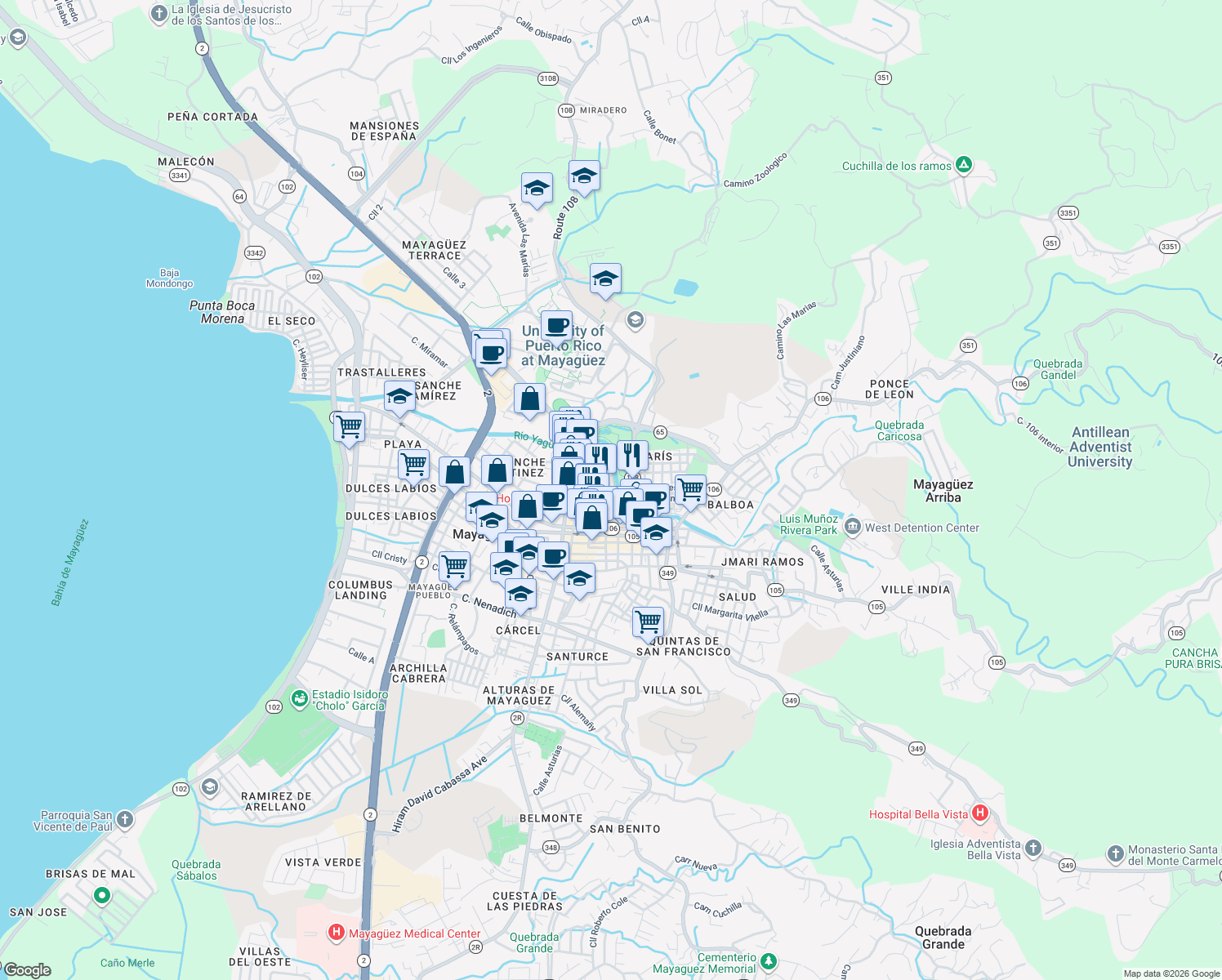 map of restaurants, bars, coffee shops, grocery stores, and more near Parque Lineal in Yaguez