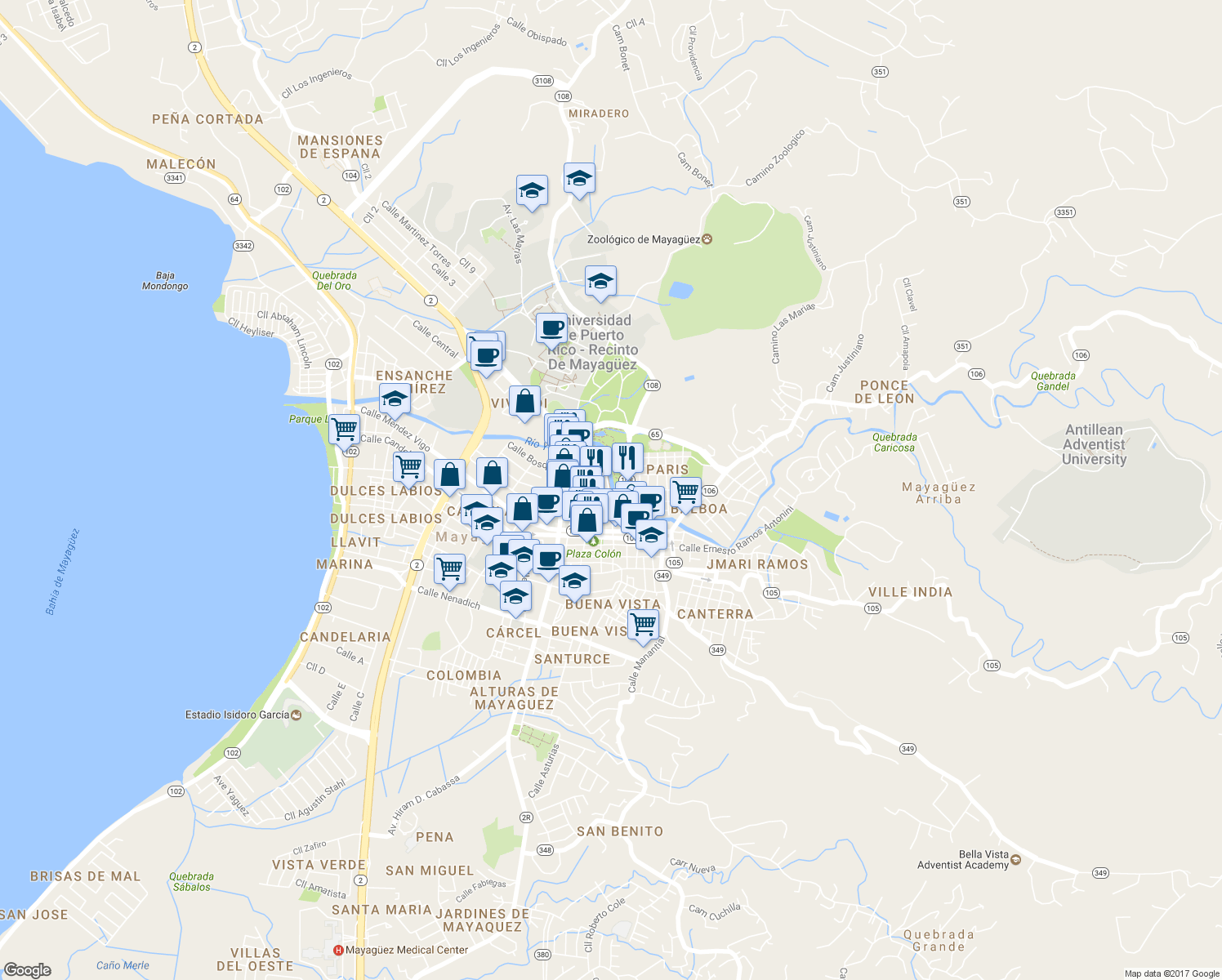 map of restaurants, bars, coffee shops, grocery stores, and more near Parque Lineal in Mayagüez
