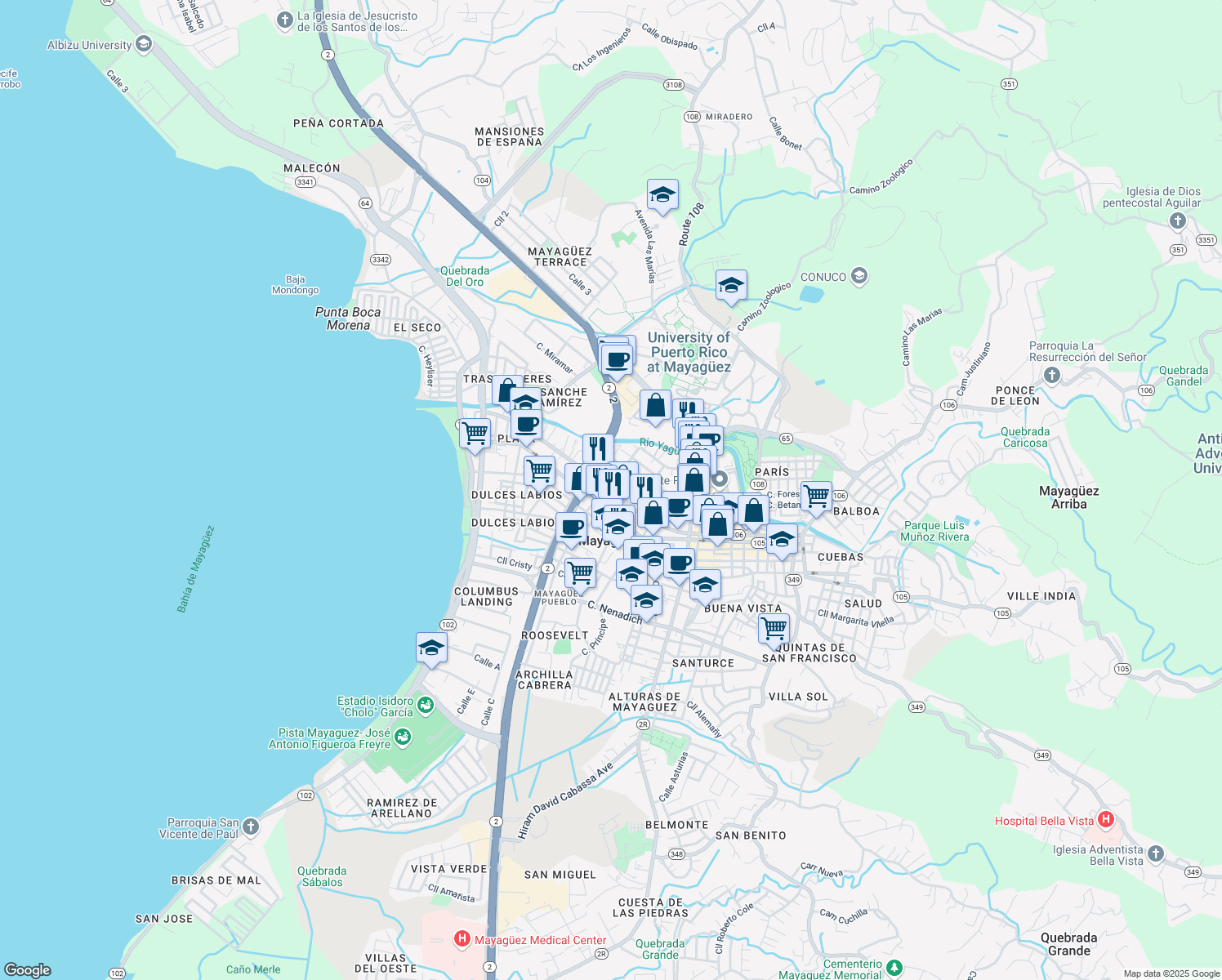 map of restaurants, bars, coffee shops, grocery stores, and more near 117 Calle Méndez Vigo in Mayagüez