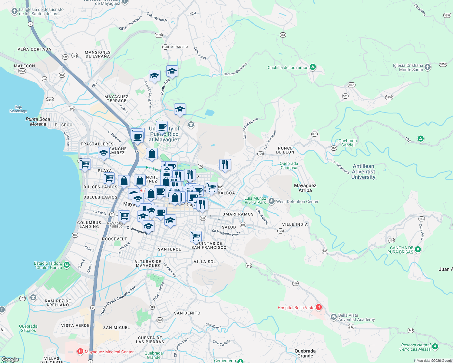 map of restaurants, bars, coffee shops, grocery stores, and more near 70 Calle Balboa in Mayagüez