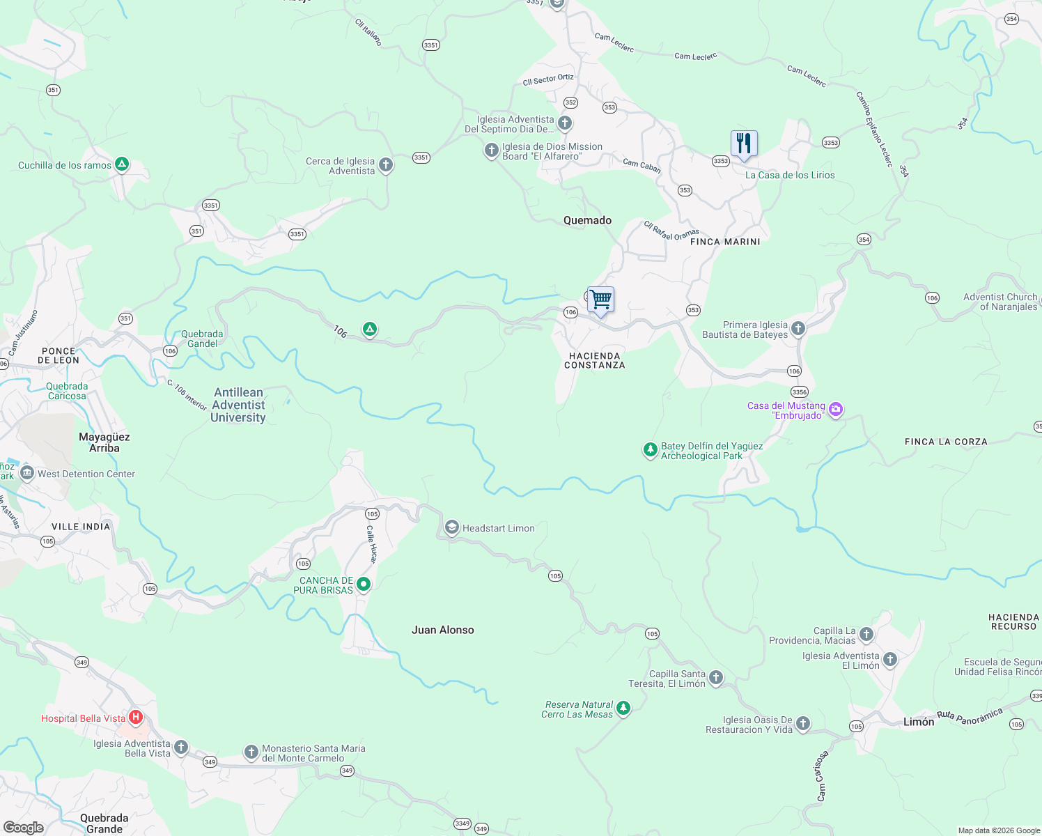 map of restaurants, bars, coffee shops, grocery stores, and more near Calle Gumer Sindo Rivera in Mayagüez