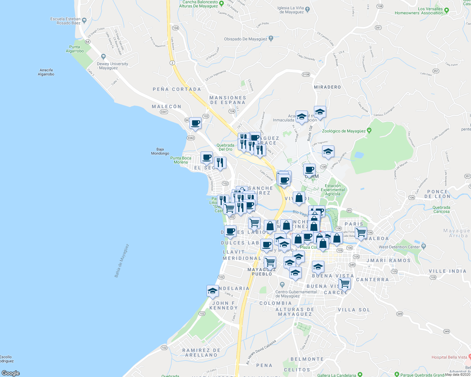 map of restaurants, bars, coffee shops, grocery stores, and more near 91 Calle Concordia in Mayagüez