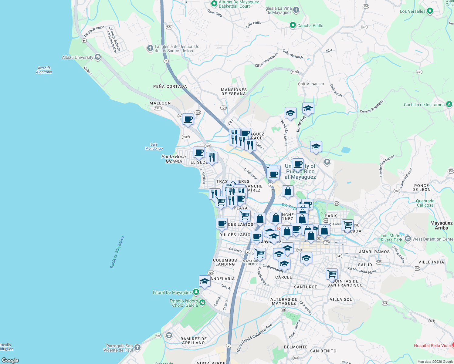 map of restaurants, bars, coffee shops, grocery stores, and more near 91 Calle Concordia in Mayagüez