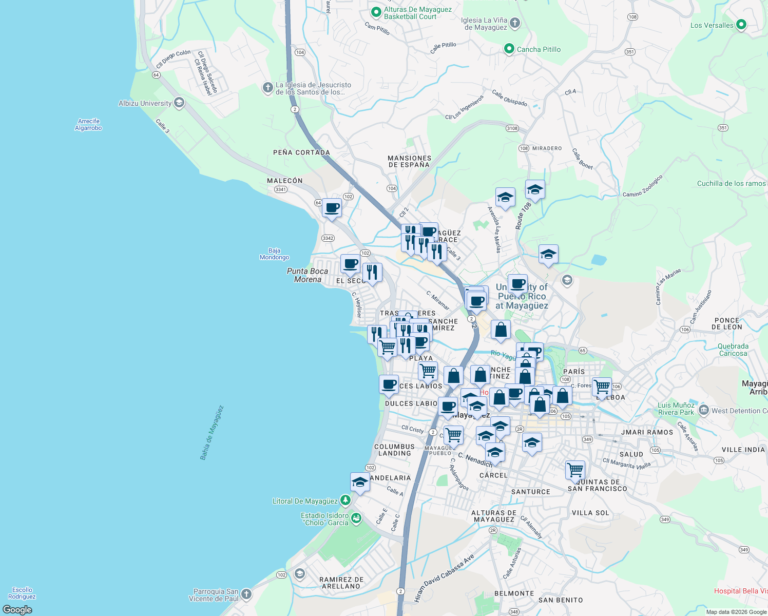 map of restaurants, bars, coffee shops, grocery stores, and more near 91 Calle Concordia in Mayagüez
