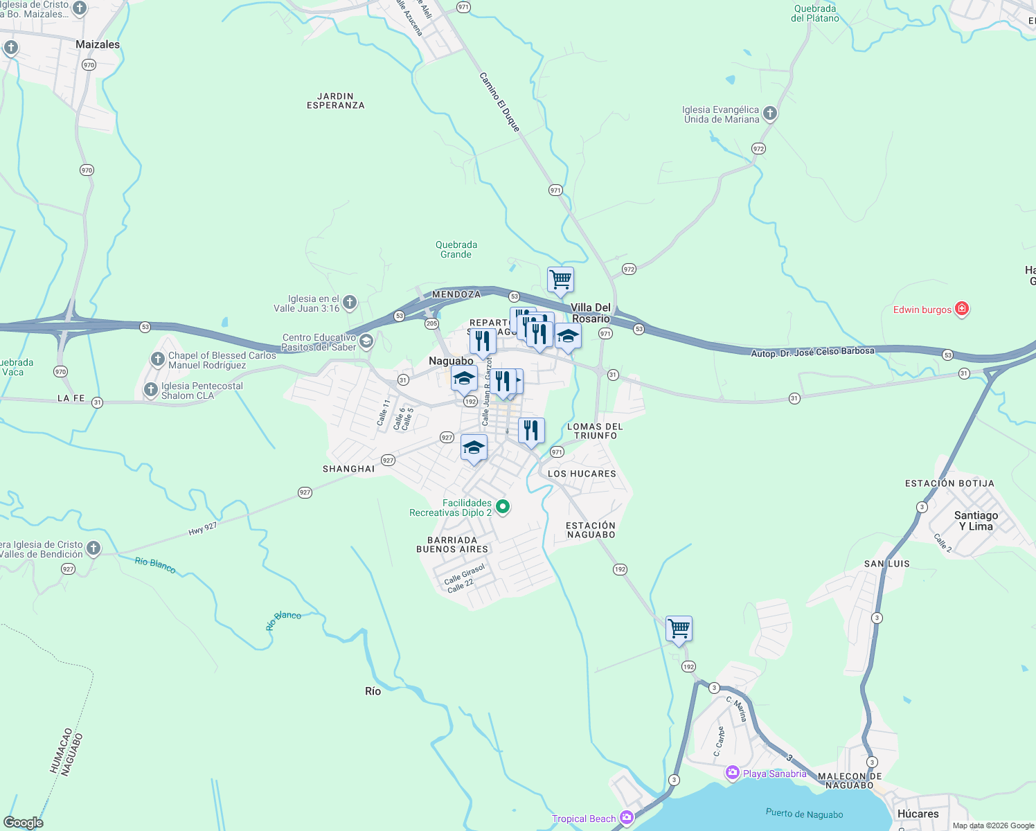 map of restaurants, bars, coffee shops, grocery stores, and more near in Naguabo