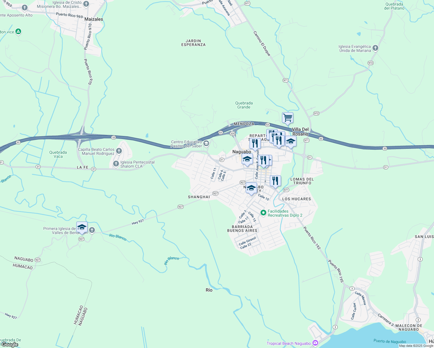 map of restaurants, bars, coffee shops, grocery stores, and more near Res Villa Del Rio in Naguabo