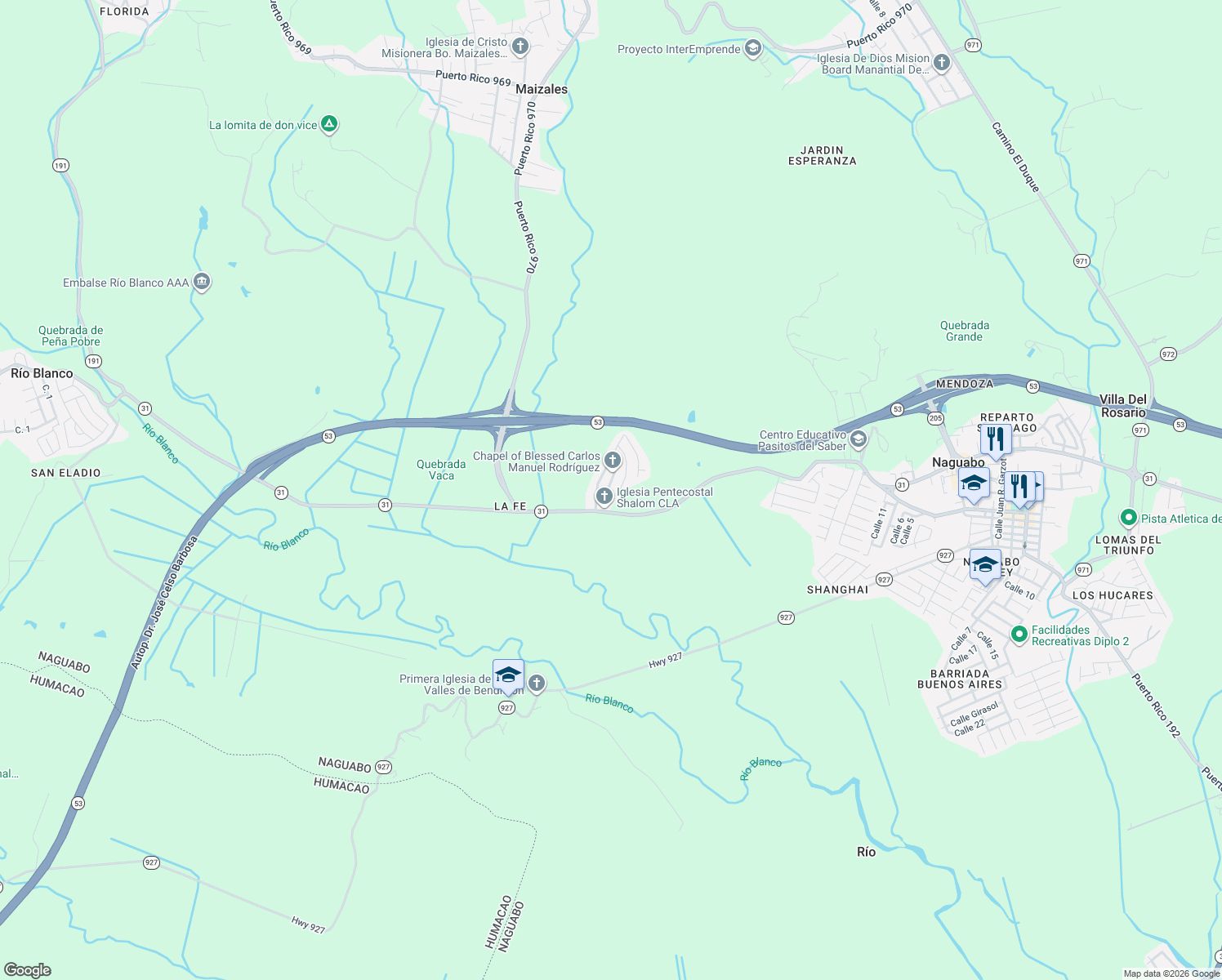 map of restaurants, bars, coffee shops, grocery stores, and more near Calle 1 in Naguabo