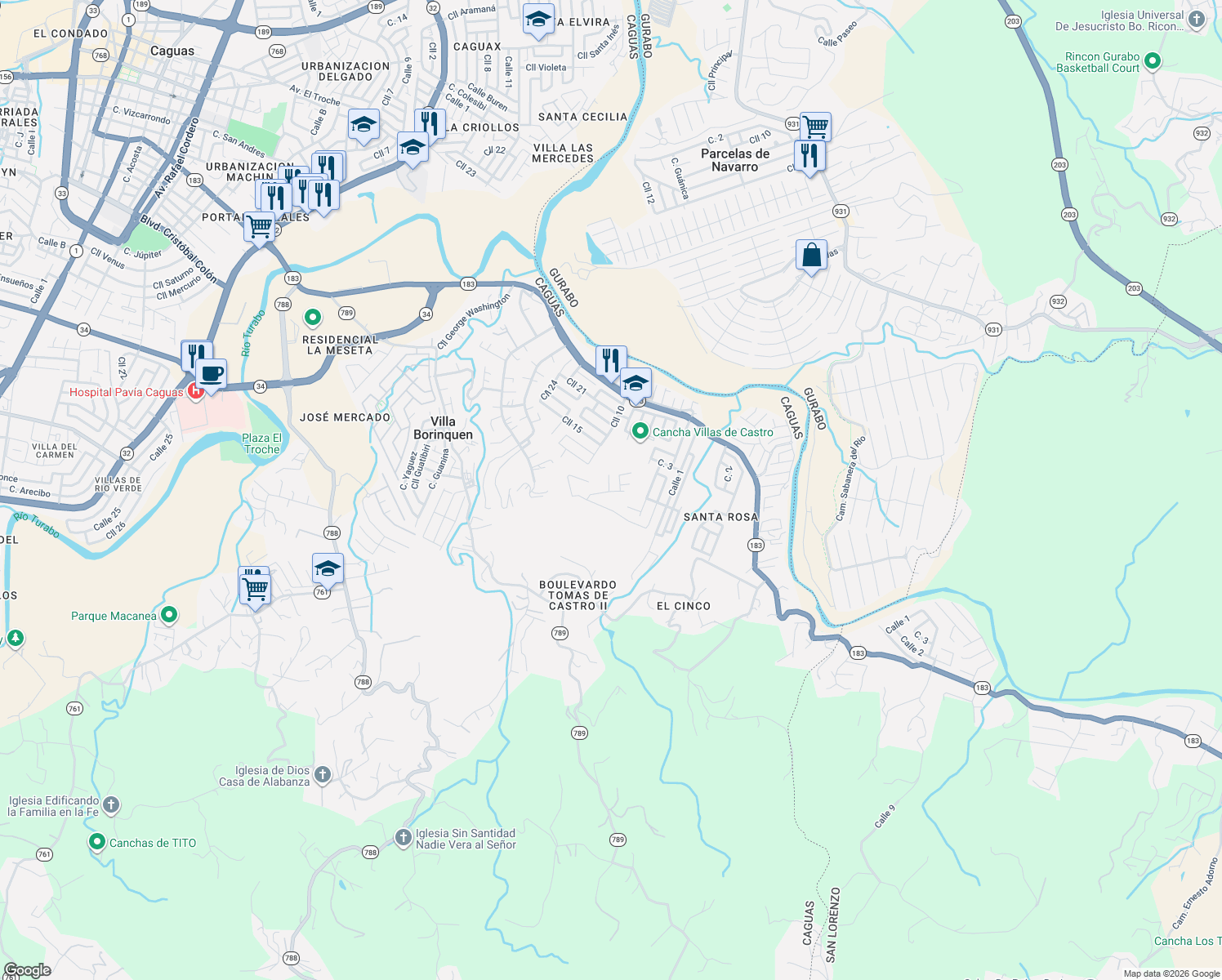 map of restaurants, bars, coffee shops, grocery stores, and more near Calle 600 in Caguas