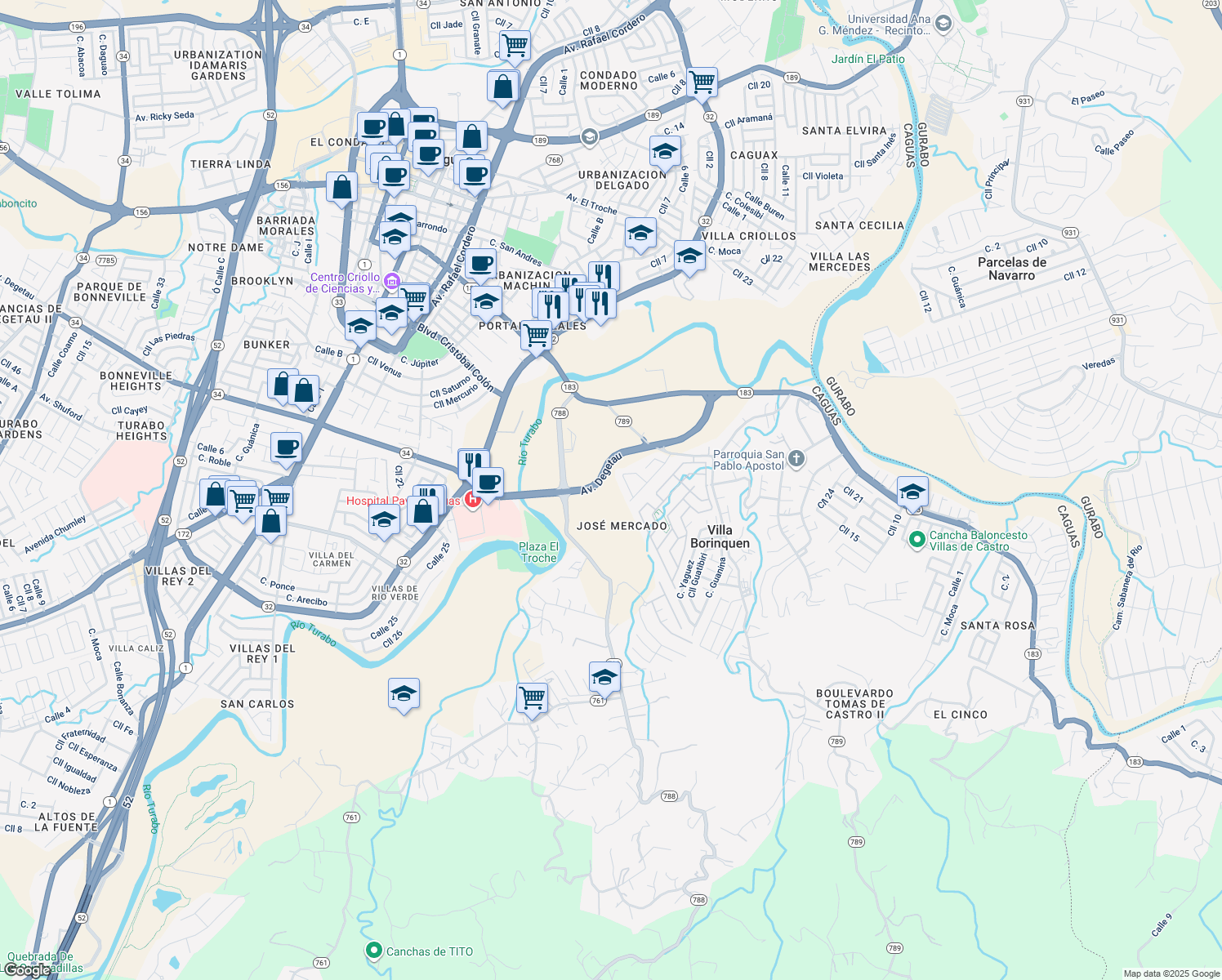 map of restaurants, bars, coffee shops, grocery stores, and more near Calle Cordova in Caguas