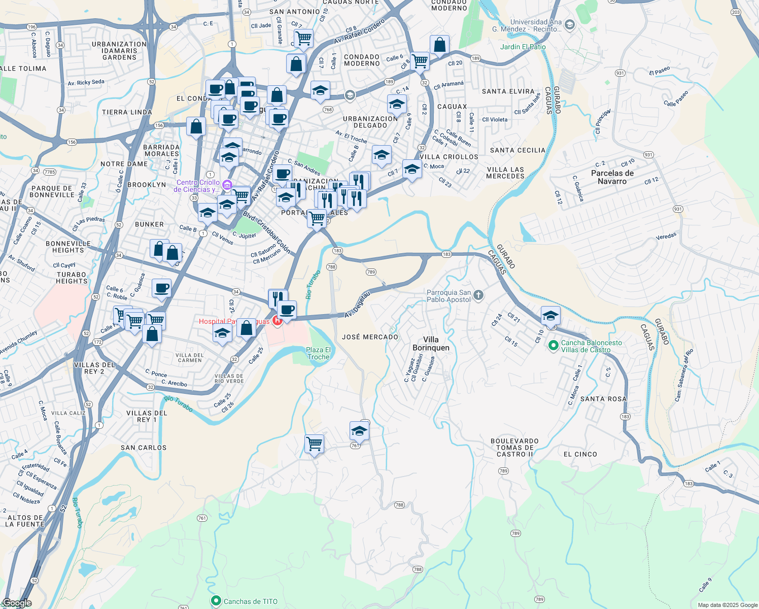 map of restaurants, bars, coffee shops, grocery stores, and more near Calle Cordova in Caguas