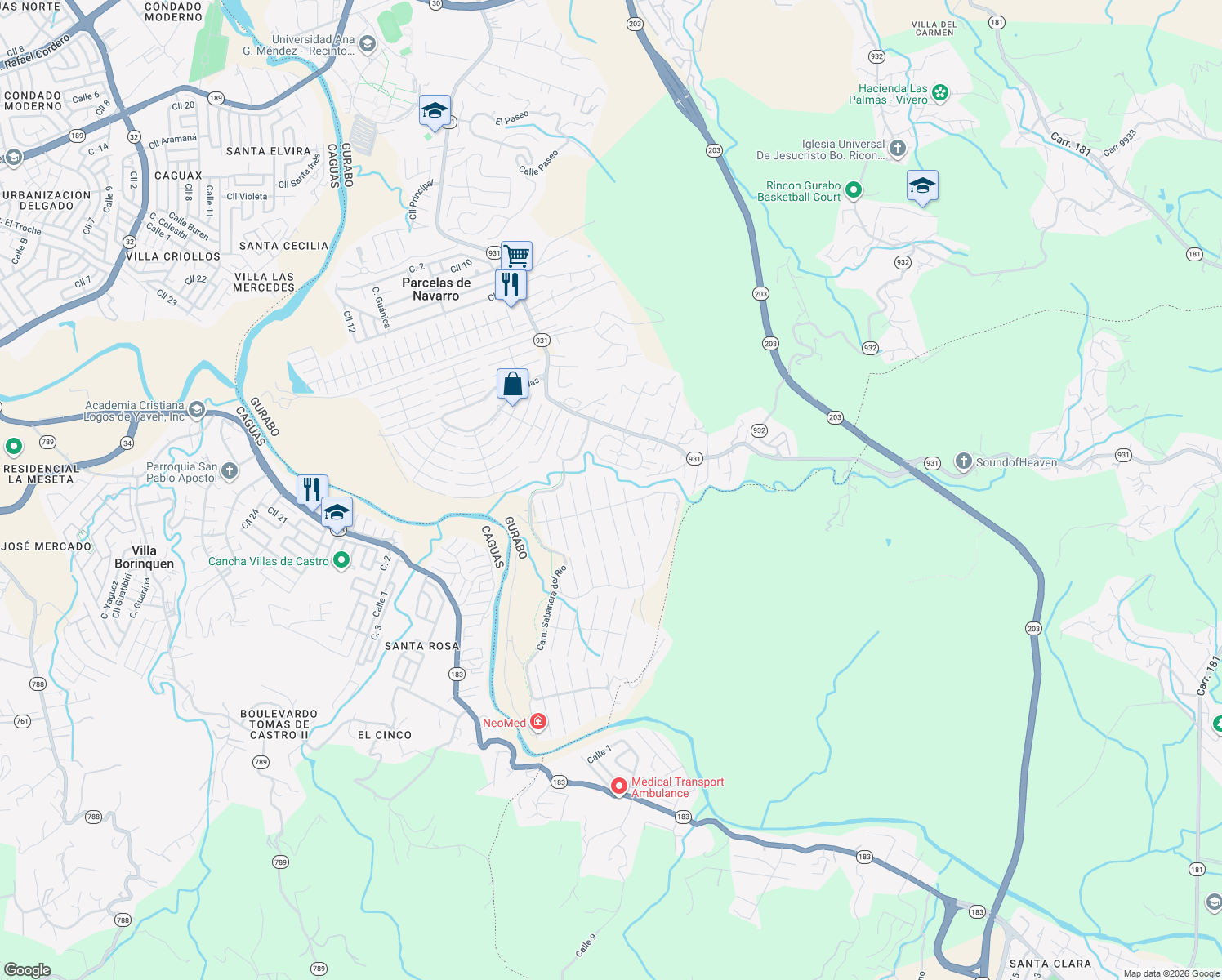 map of restaurants, bars, coffee shops, grocery stores, and more near Puerto Rico 931 in Caguas