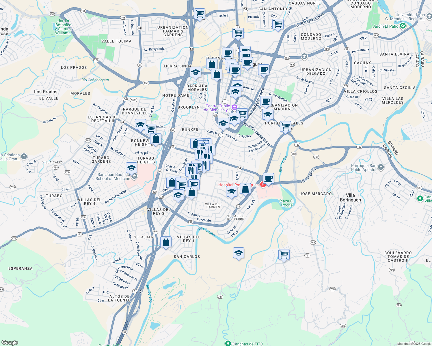 map of restaurants, bars, coffee shops, grocery stores, and more near Calle San Bernardo in Caguas