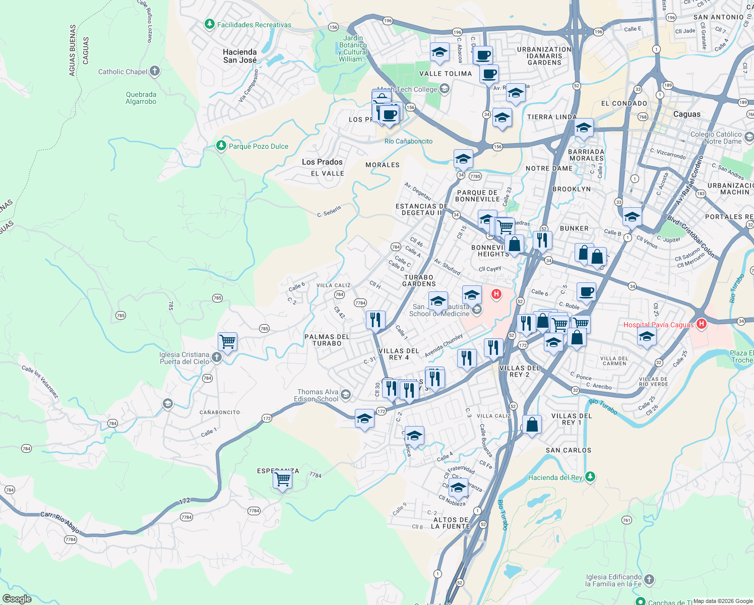 map of restaurants, bars, coffee shops, grocery stores, and more near 320 Calle 33 Oeste in Caguas