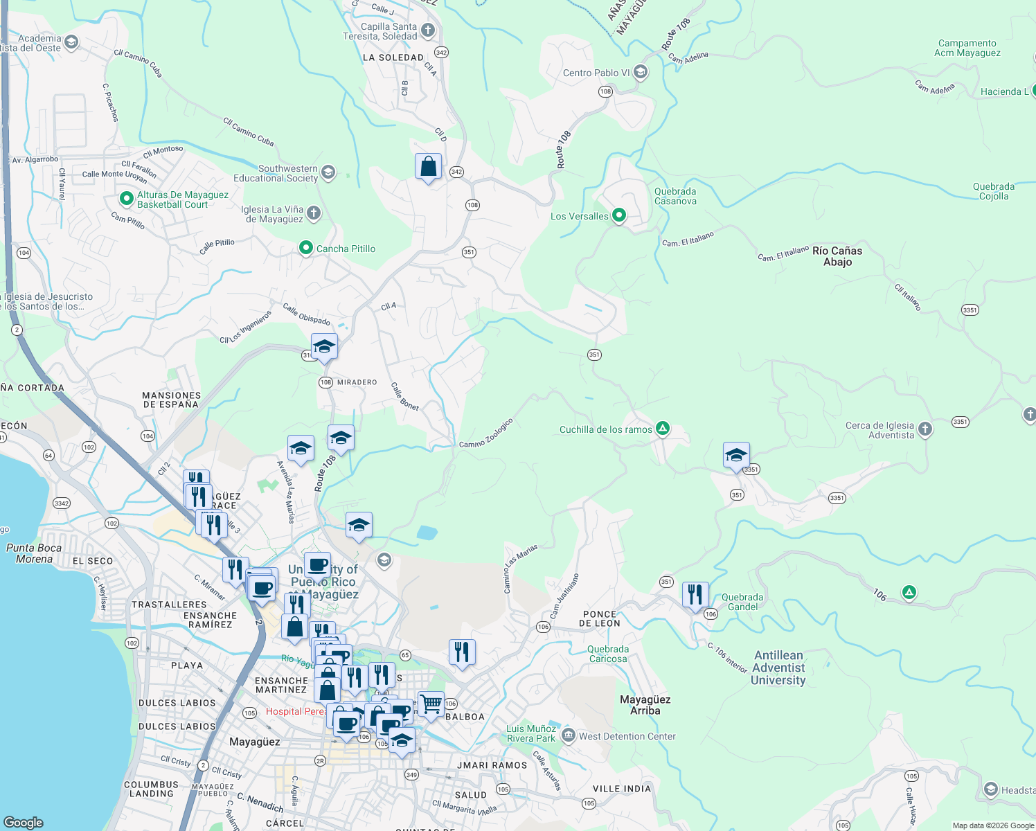 map of restaurants, bars, coffee shops, grocery stores, and more near in Mayagüez