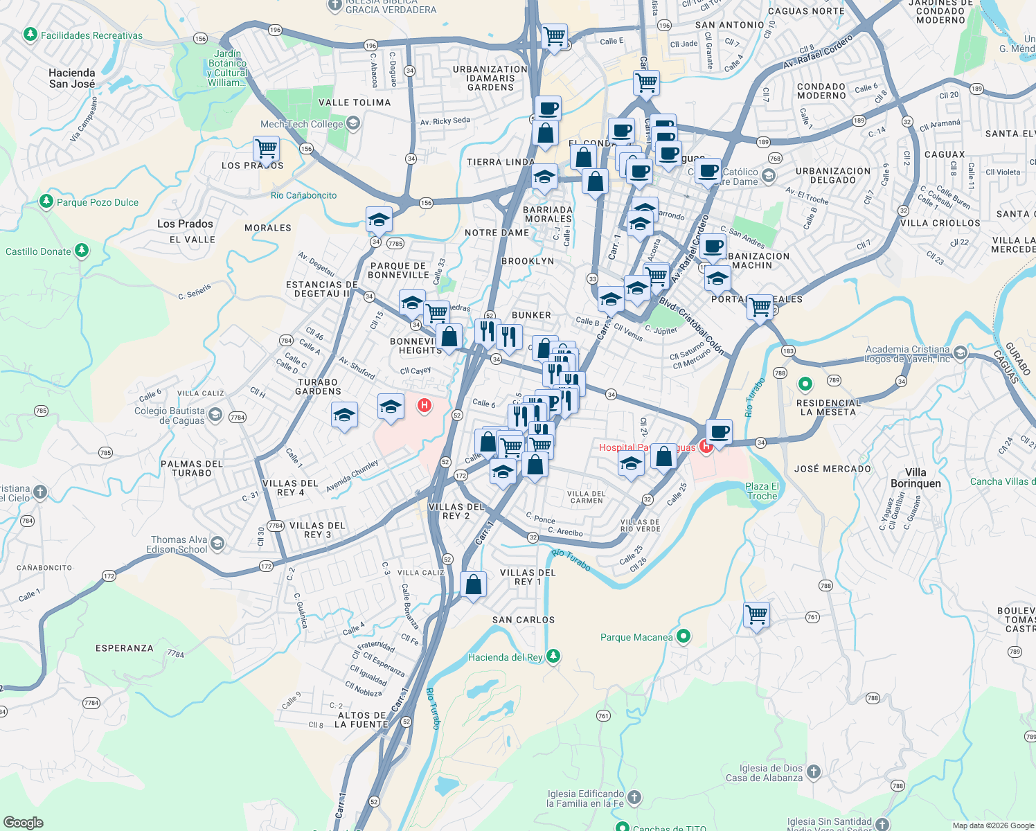 map of restaurants, bars, coffee shops, grocery stores, and more near in Caguas