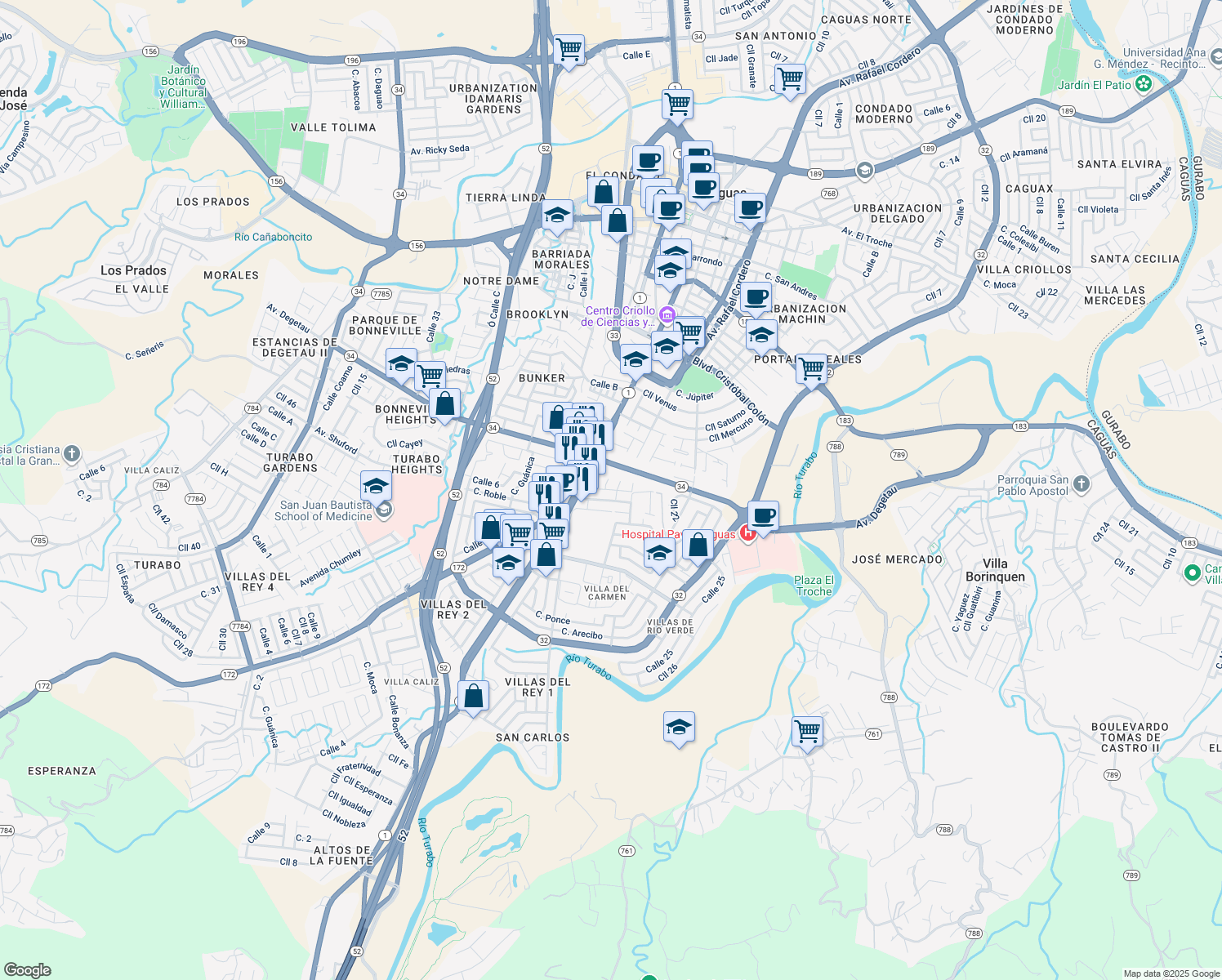 map of restaurants, bars, coffee shops, grocery stores, and more near Calle San Bernardo in Caguas