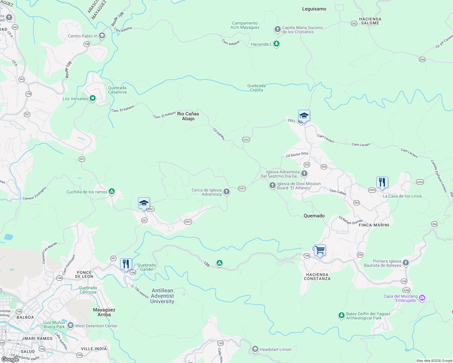 map of restaurants, bars, coffee shops, grocery stores, and more near in Río Cañas Abajo