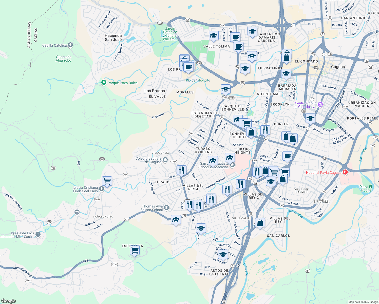 map of restaurants, bars, coffee shops, grocery stores, and more near 920-1010 Calle G in Caguas