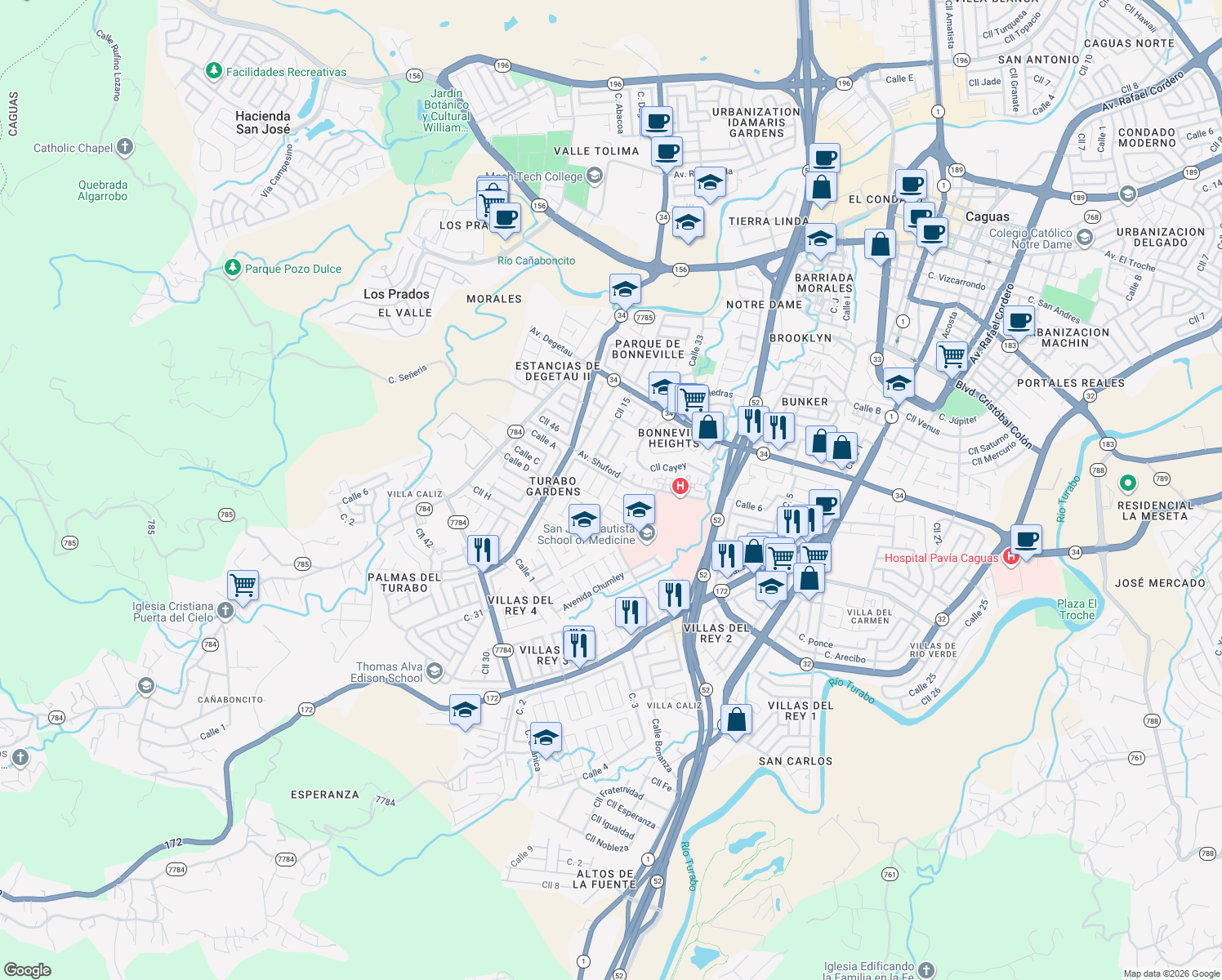 map of restaurants, bars, coffee shops, grocery stores, and more near 16-20 Calle 17 in Caguas