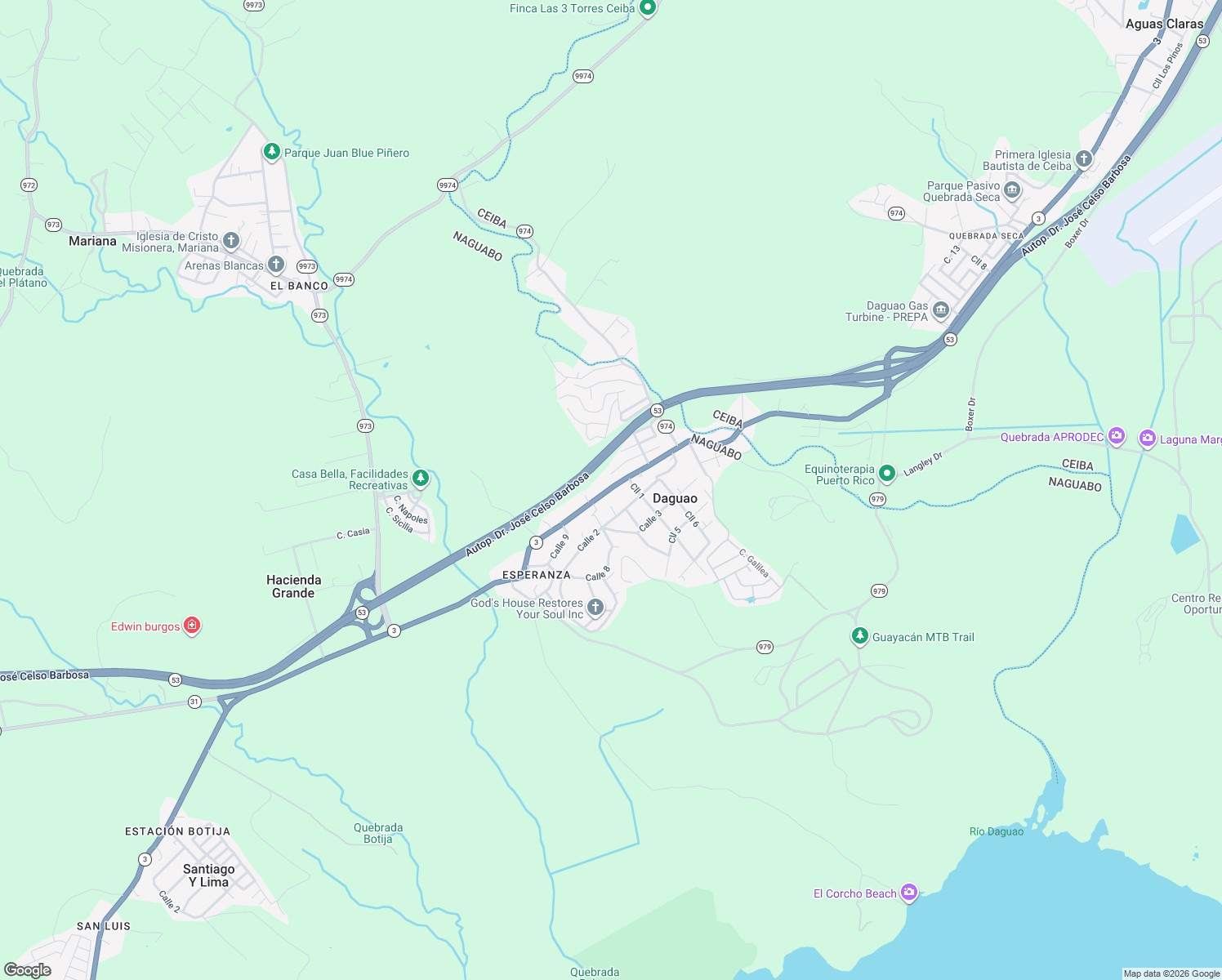 map of restaurants, bars, coffee shops, grocery stores, and more near Puerto Rico 3 in Ceiba