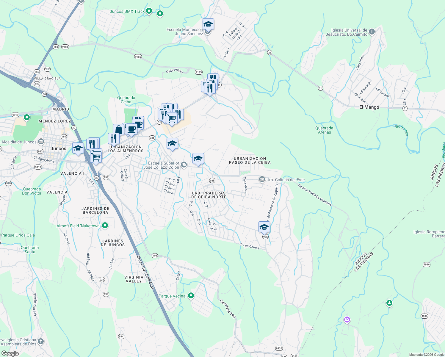 map of restaurants, bars, coffee shops, grocery stores, and more near in Juncos