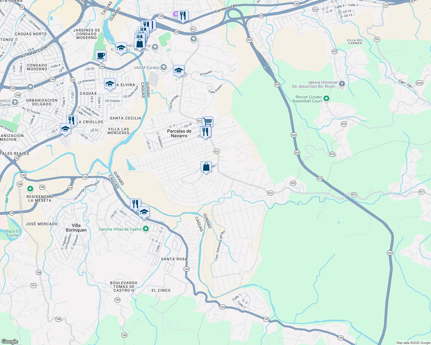 map of restaurants, bars, coffee shops, grocery stores, and more near Puerto Rico 931 in Caguas