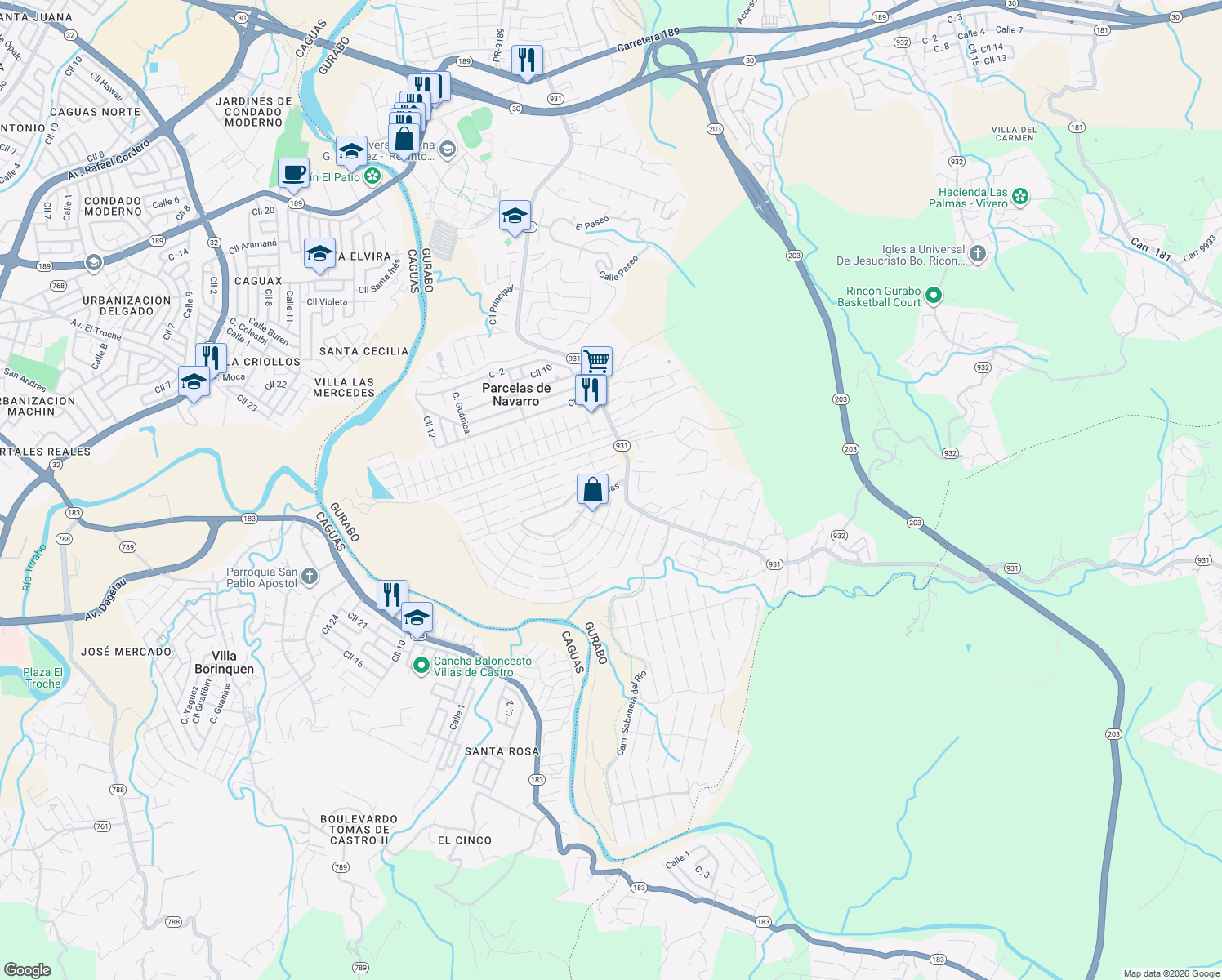 map of restaurants, bars, coffee shops, grocery stores, and more near Puerto Rico 931 in Caguas