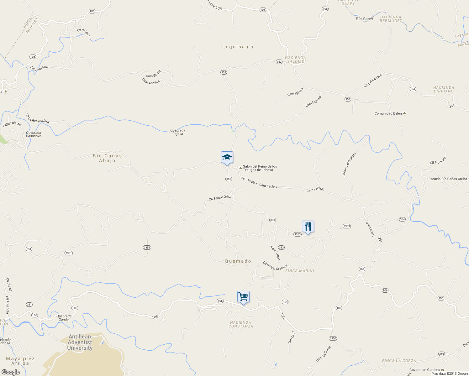 map of restaurants, bars, coffee shops, grocery stores, and more near 352 in Mayagüez