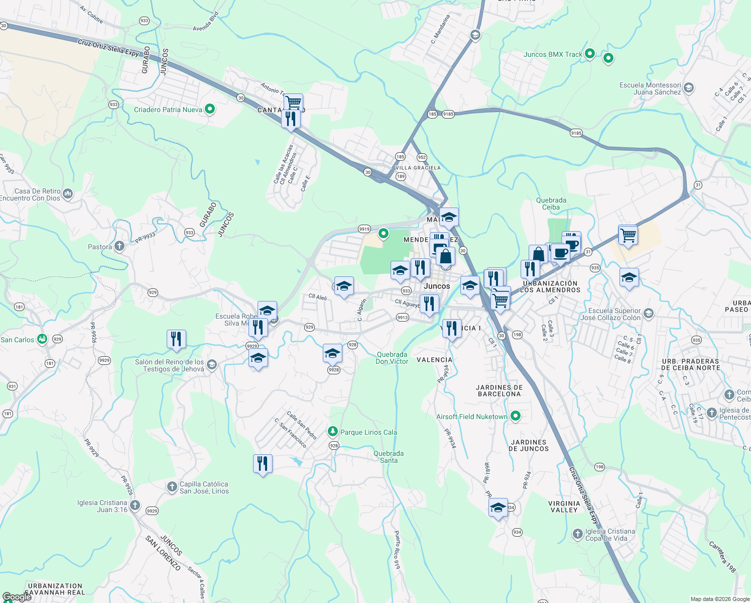 map of restaurants, bars, coffee shops, grocery stores, and more near 15 Calle José M Pereira in Juncos