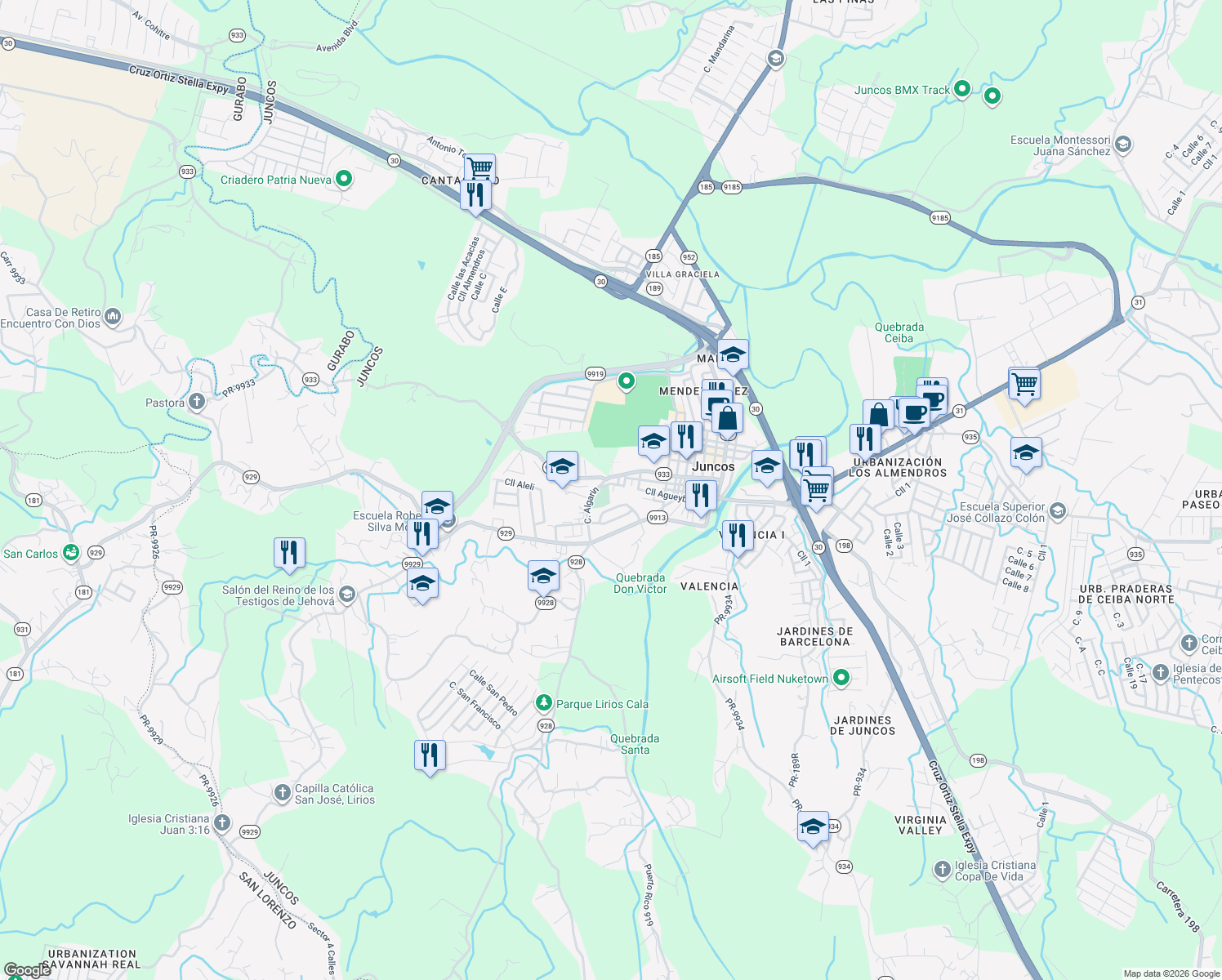 map of restaurants, bars, coffee shops, grocery stores, and more near 15 Calle José M Pereira in Juncos