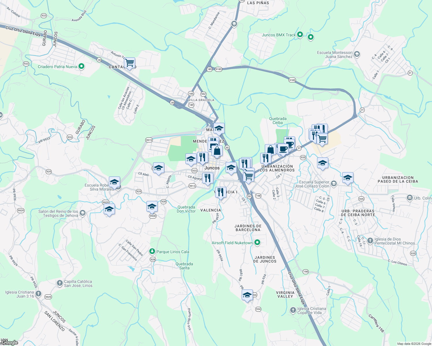 map of restaurants, bars, coffee shops, grocery stores, and more near in Juncos