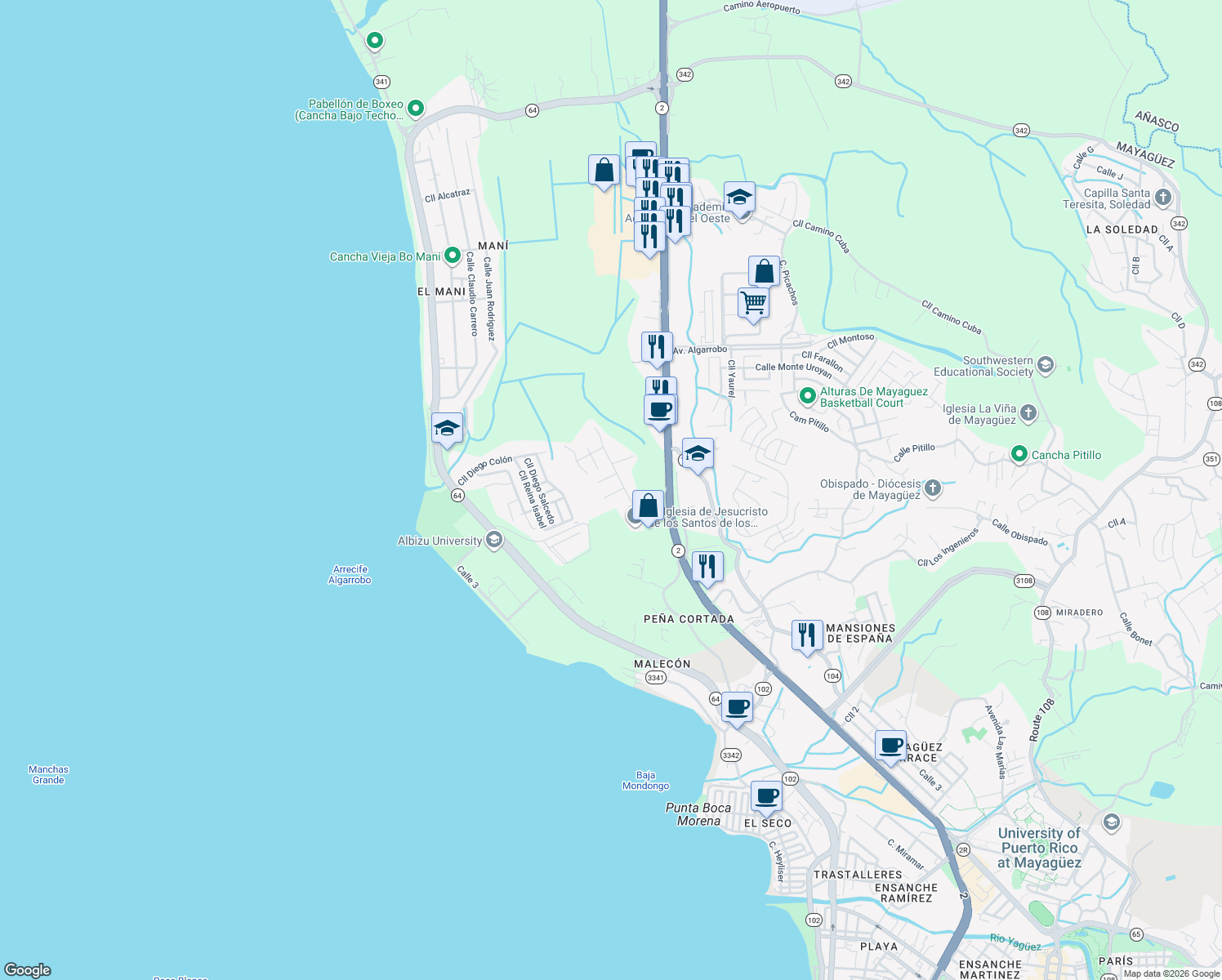 map of restaurants, bars, coffee shops, grocery stores, and more near 25 Calle Rafael Mangual in Mayagüez