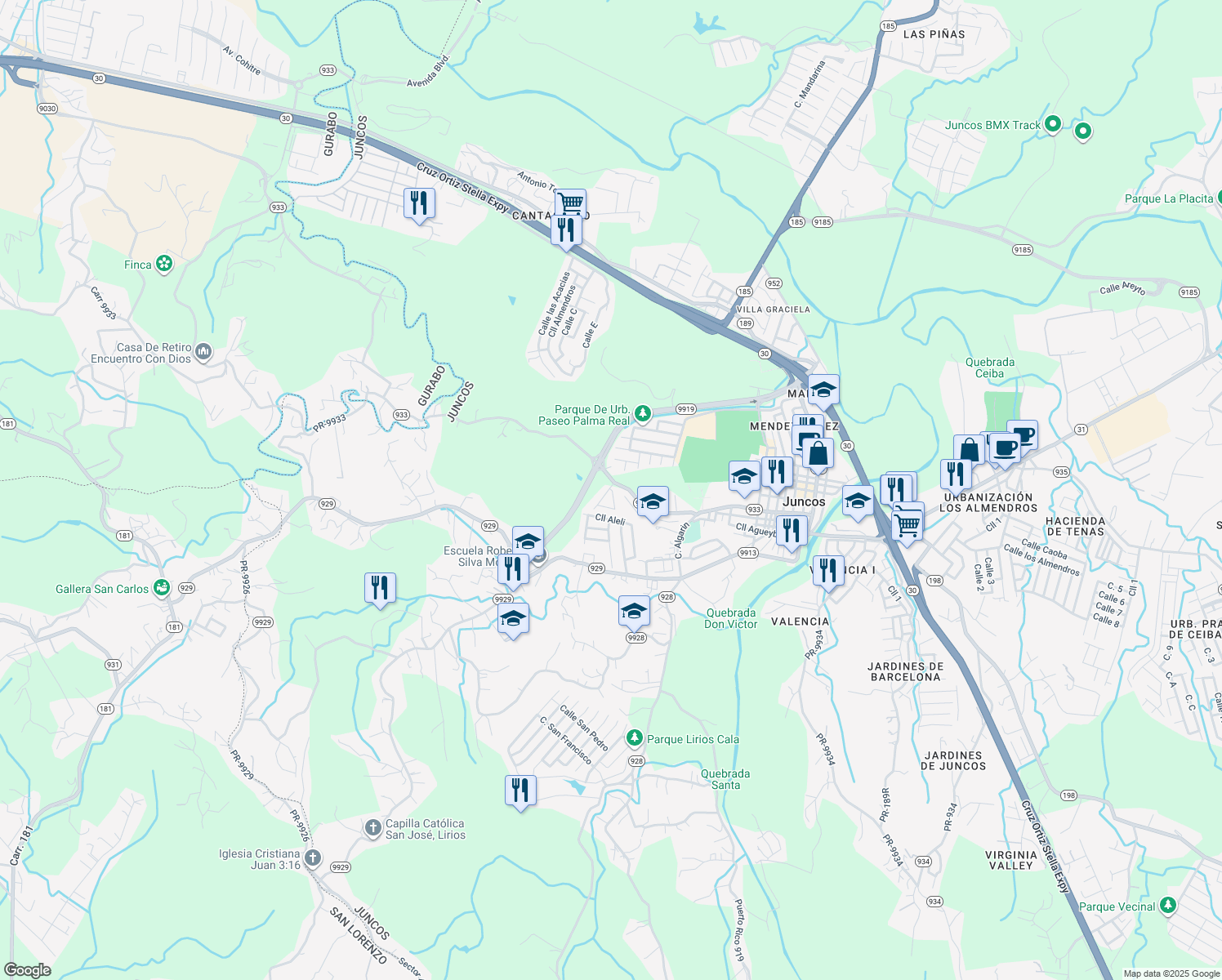 map of restaurants, bars, coffee shops, grocery stores, and more near Residencial Antulio Lopez in Juncos