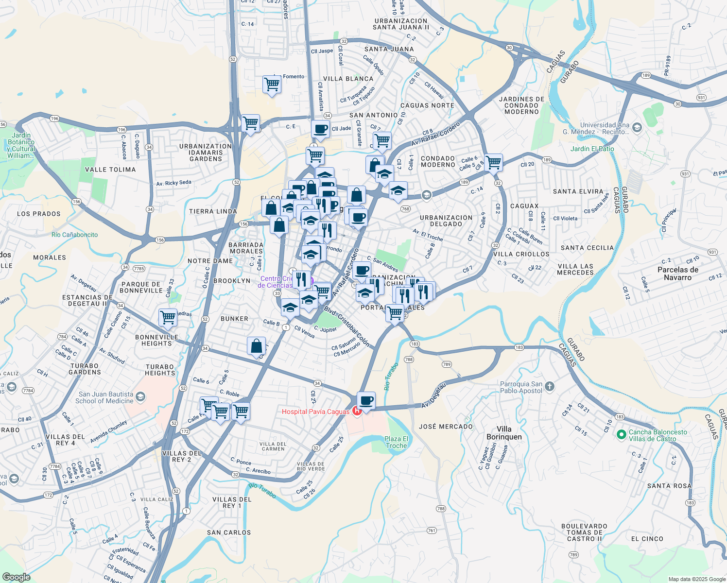 map of restaurants, bars, coffee shops, grocery stores, and more near 1 Calle José Mercado in Caguas