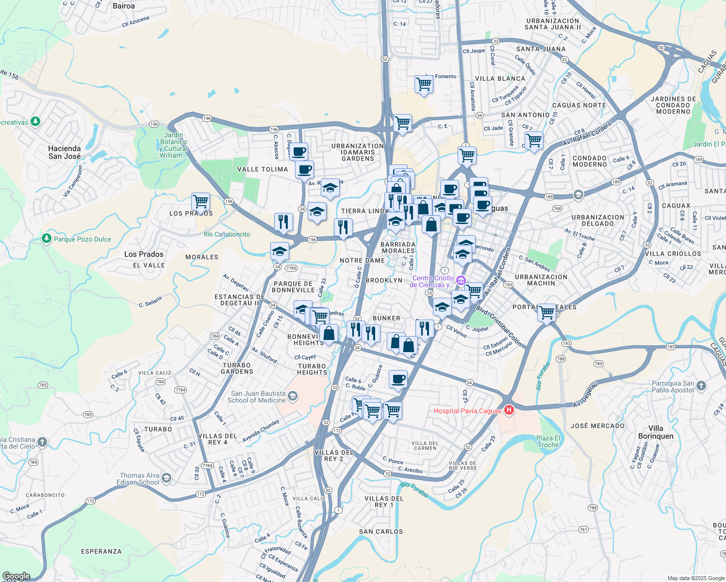 map of restaurants, bars, coffee shops, grocery stores, and more near Interstate PR1 in Caguas