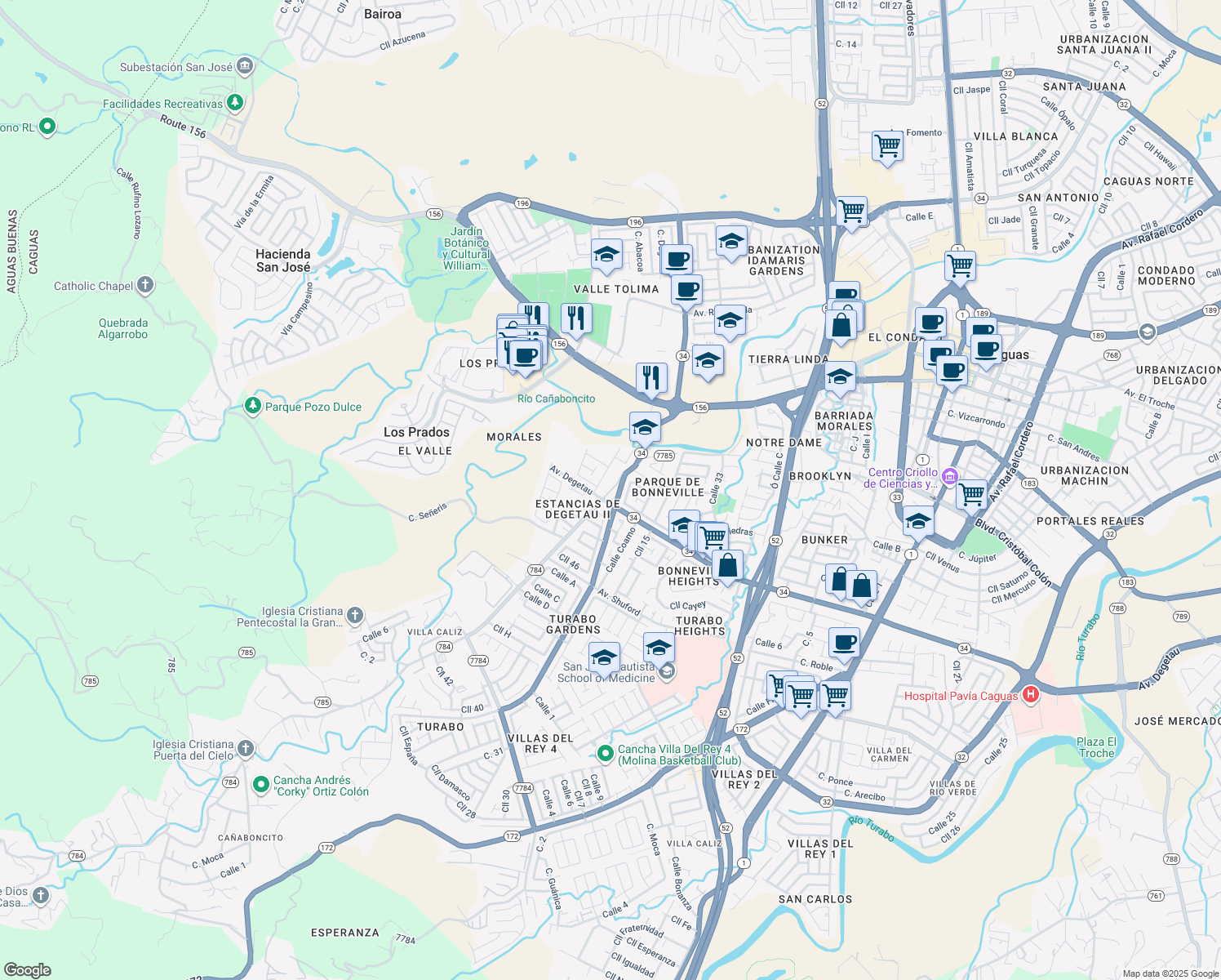map of restaurants, bars, coffee shops, grocery stores, and more near 5-7 Calle 1 in Caguas