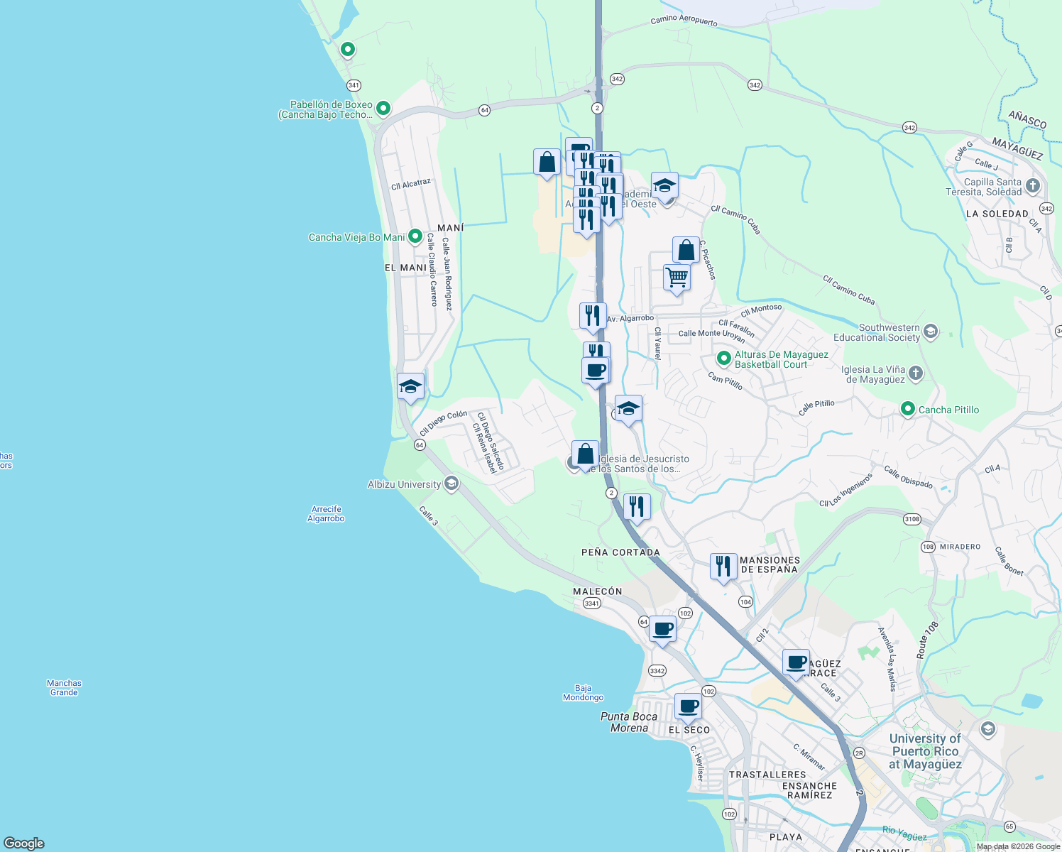 map of restaurants, bars, coffee shops, grocery stores, and more near Calle Carlos E Chardon in Mayagüez