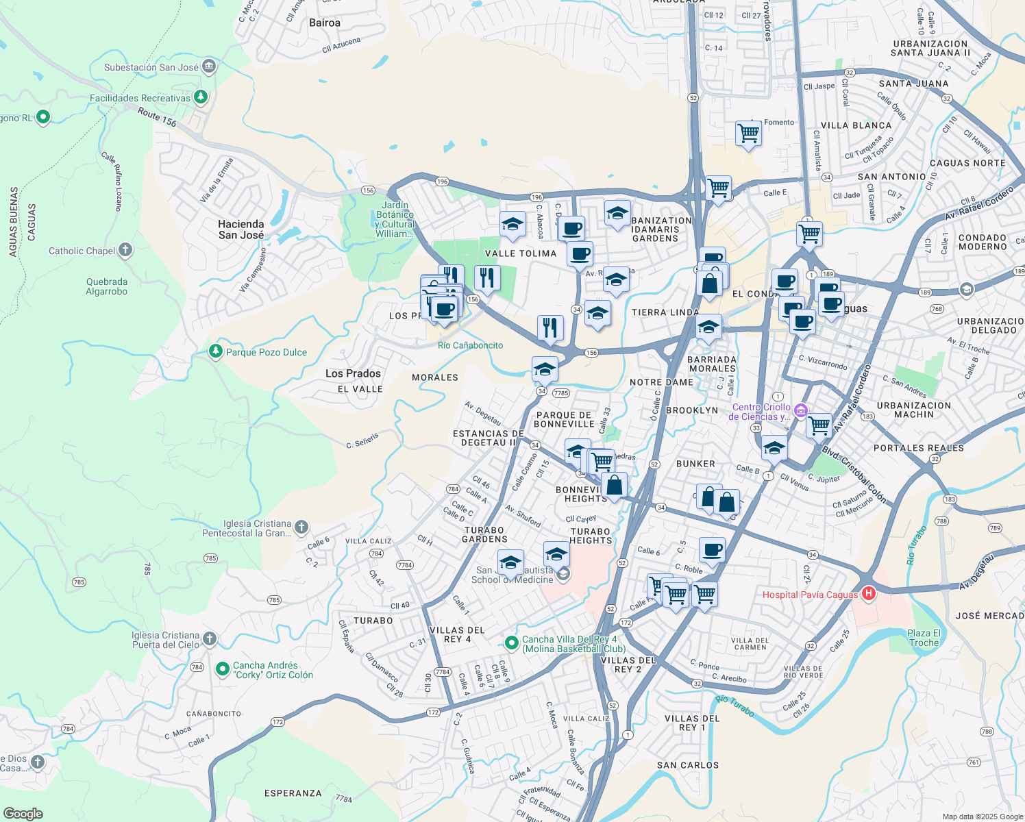 map of restaurants, bars, coffee shops, grocery stores, and more near 7 Calle 1 in Caguas