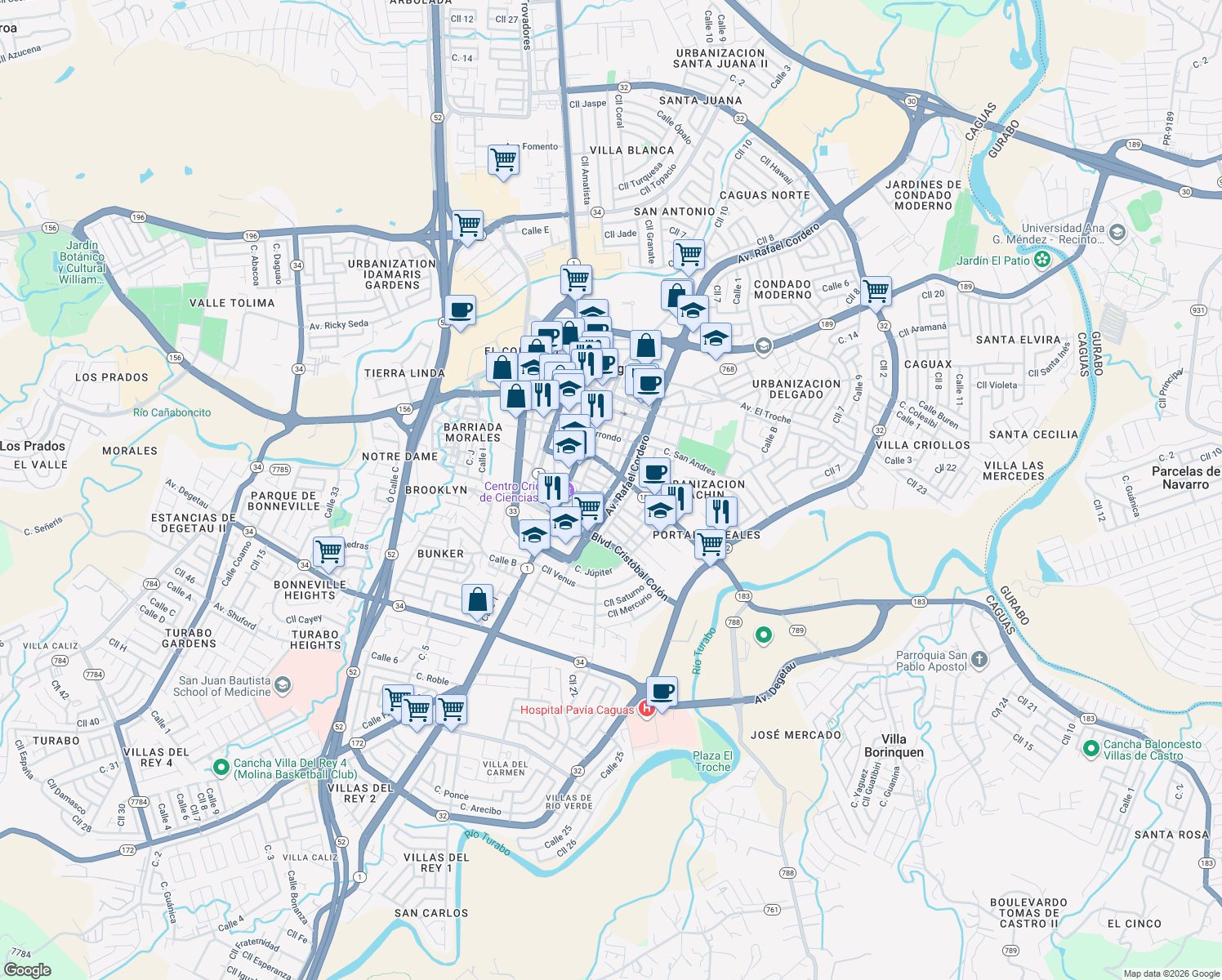 map of restaurants, bars, coffee shops, grocery stores, and more near Calle Eugenio María de Hostos in Caguas